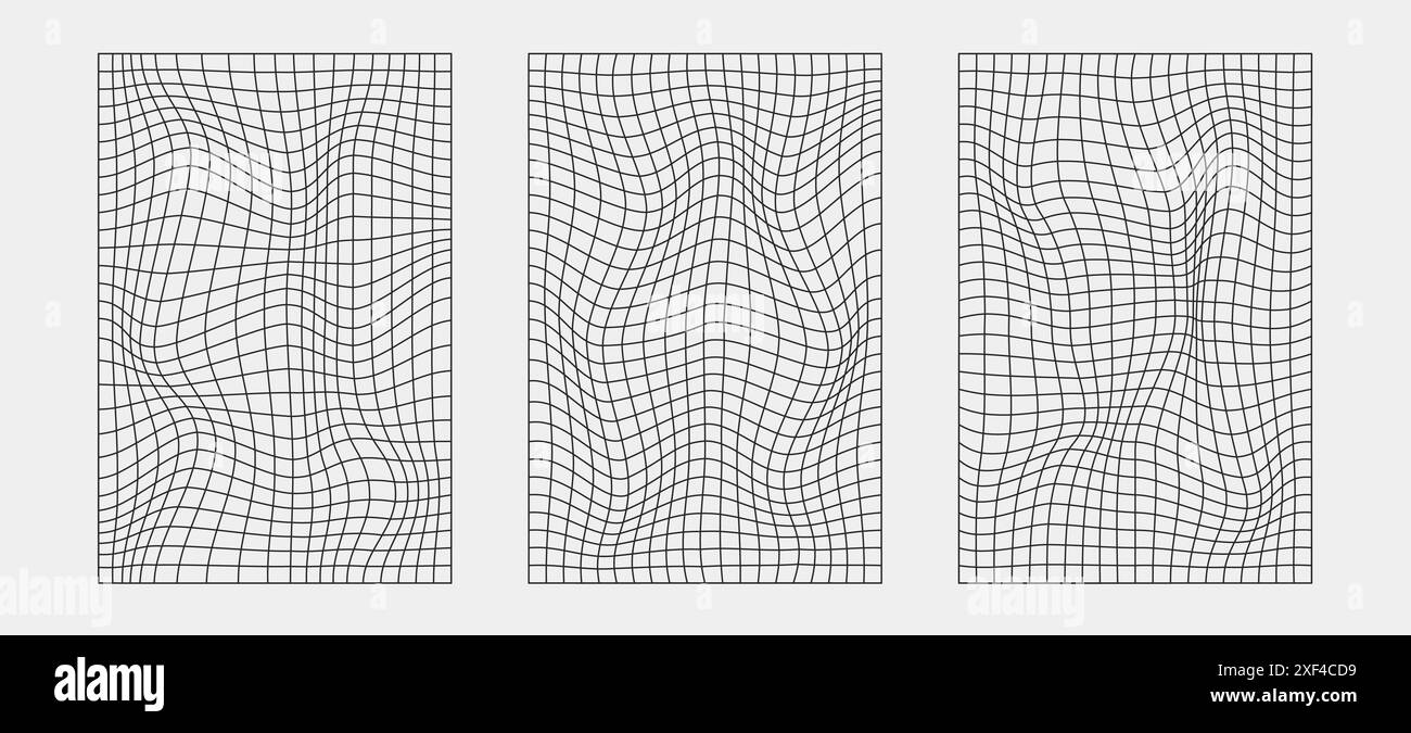 Wireframe astratti, elementi cyberpunk e griglie e sfere nere prospettiche. Set futuristico dal design geometrico surreale. Forme y2k psichedeliche. Rave Illustrazione Vettoriale