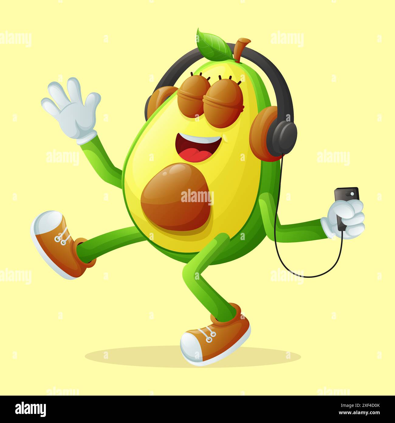 Simpatico personaggio di avocado che ascolta la musica. Perfetto per bambini, merchandising e adesivi, promozioni banner o blog Illustrazione Vettoriale