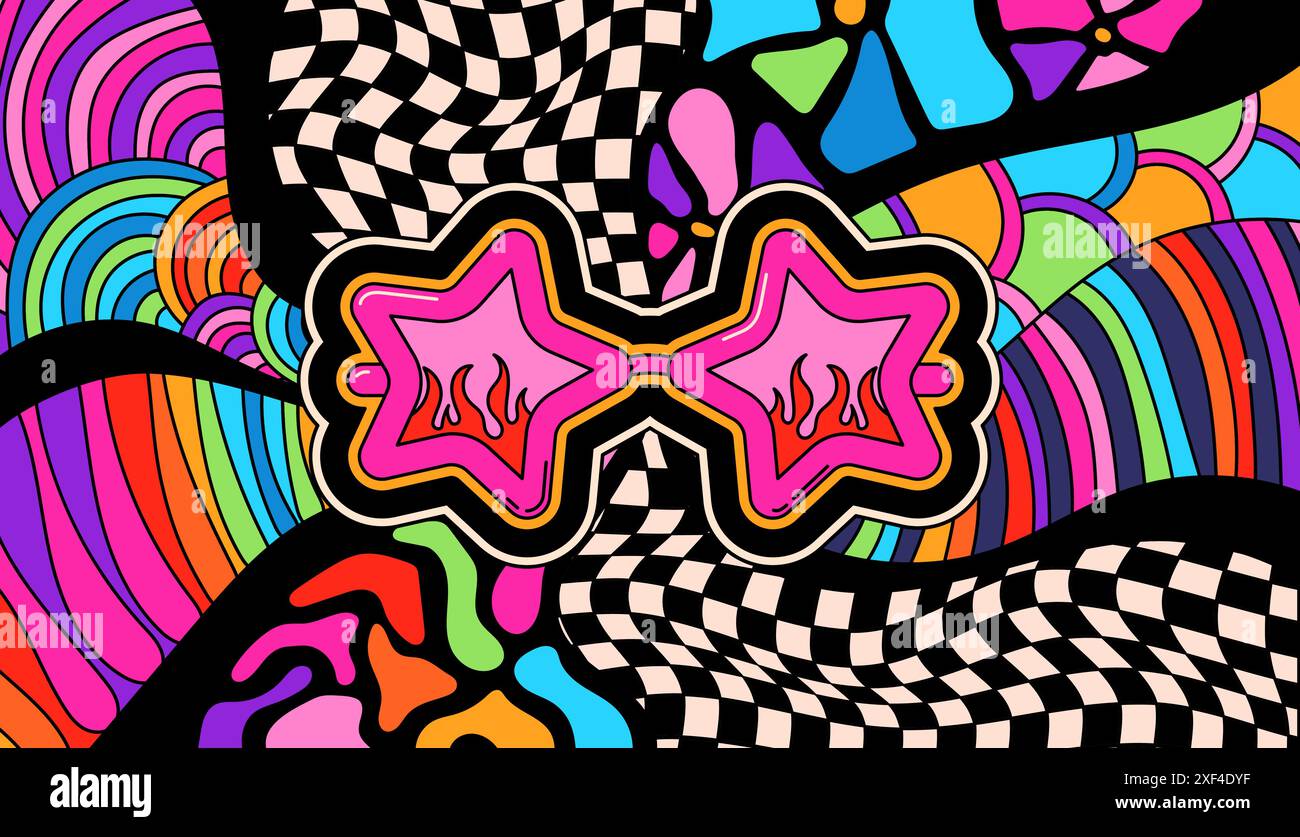 Pagina da colorare con occhiali da vista sinuosi psichedelici. Illustrazione Vettoriale