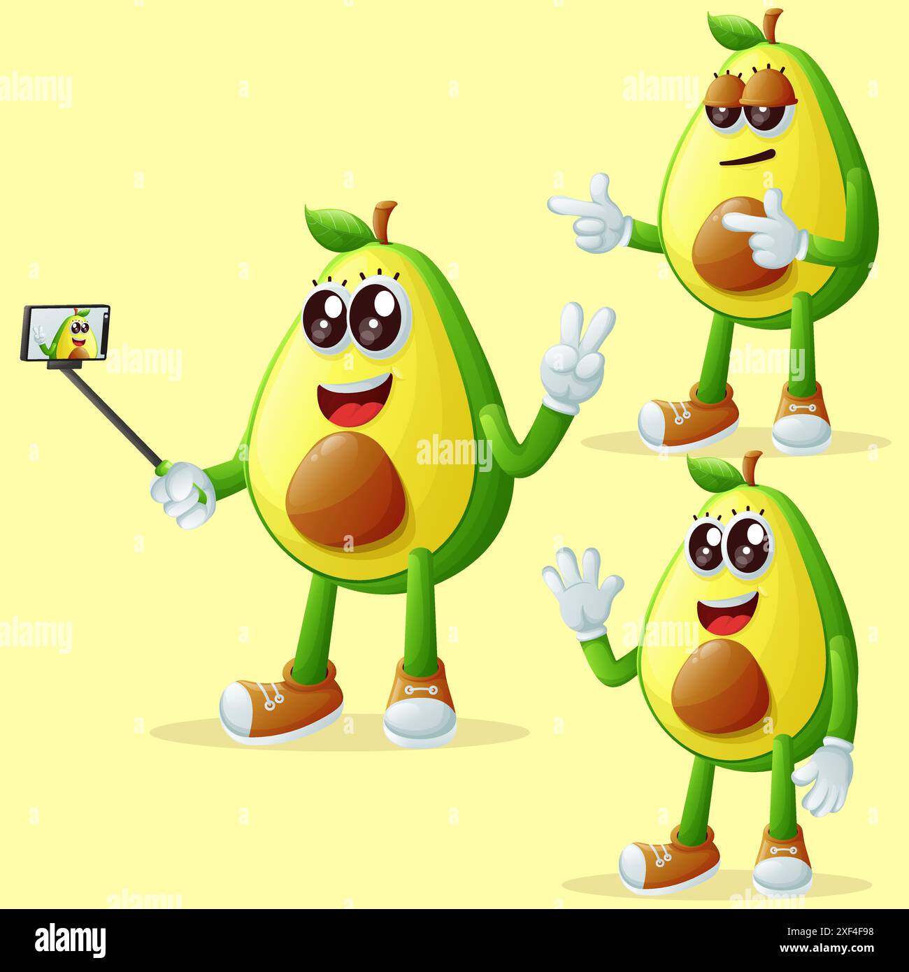 Set di personaggi di avocado cuuto come narcisisti. Perfetto per bambini, merchandising e adesivi, promozioni banner o blog Illustrazione Vettoriale