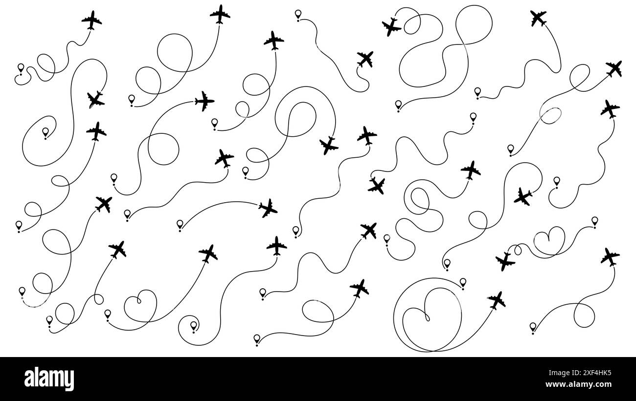 Percorso percorso aereo o aereo impostato. Concetto di viaggio dal punto di partenza e tracciamento delle linee tratteggiate. Tracciamento degli aeromobili, percorso aereo, viaggio, pin della mappa, posizione Illustrazione Vettoriale