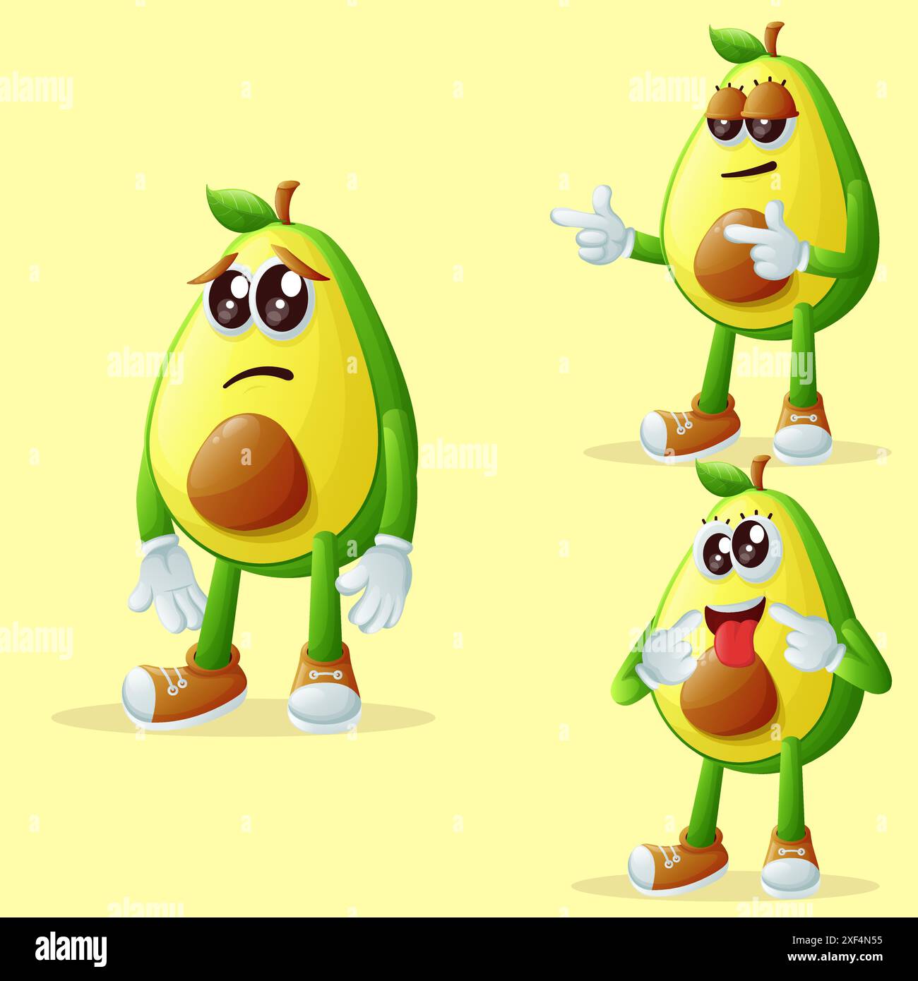 Set di simpatici personaggi avocado con diverse espressioni facciali. Perfetto per bambini, merchandising e adesivi Illustrazione Vettoriale