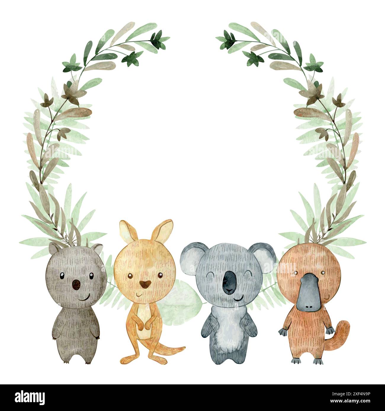 Scheda doccia per bambini. Cornice ad acquerello vettoriale con animali australiani. Illustrazione Vettoriale