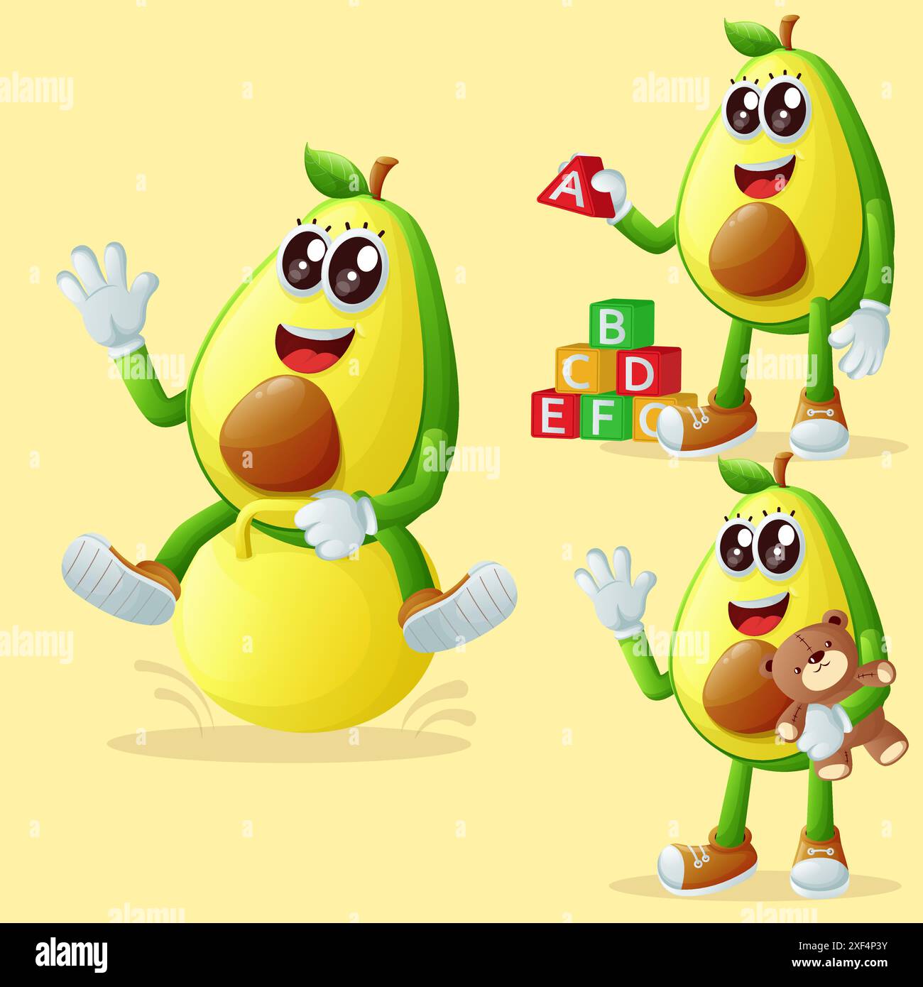 Set di simpatici personaggi avocado che giocano con giocattoli per bambini. Perfetto per bambini, merchandising e adesivi, promozioni banner o blog Illustrazione Vettoriale