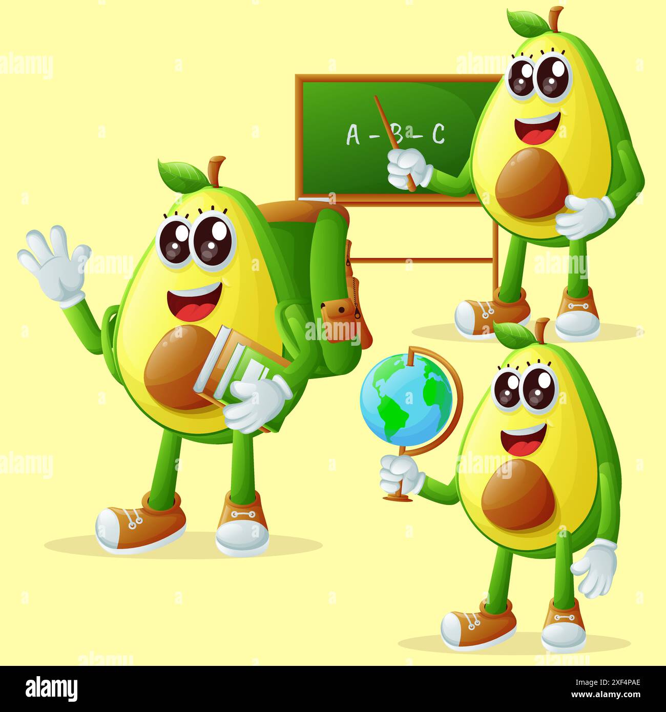 Serie di simpatici personaggi avocado nell'educazione. Perfetto per bambini, merchandising e adesivi, promozioni banner o blog Illustrazione Vettoriale