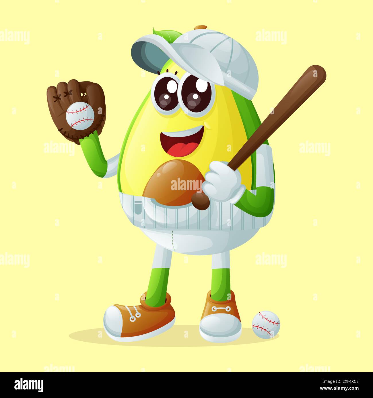 Simpatico personaggio di avocado che gioca a baseball. Perfetto per bambini, merchandising e adesivi, promozioni banner o blog Illustrazione Vettoriale