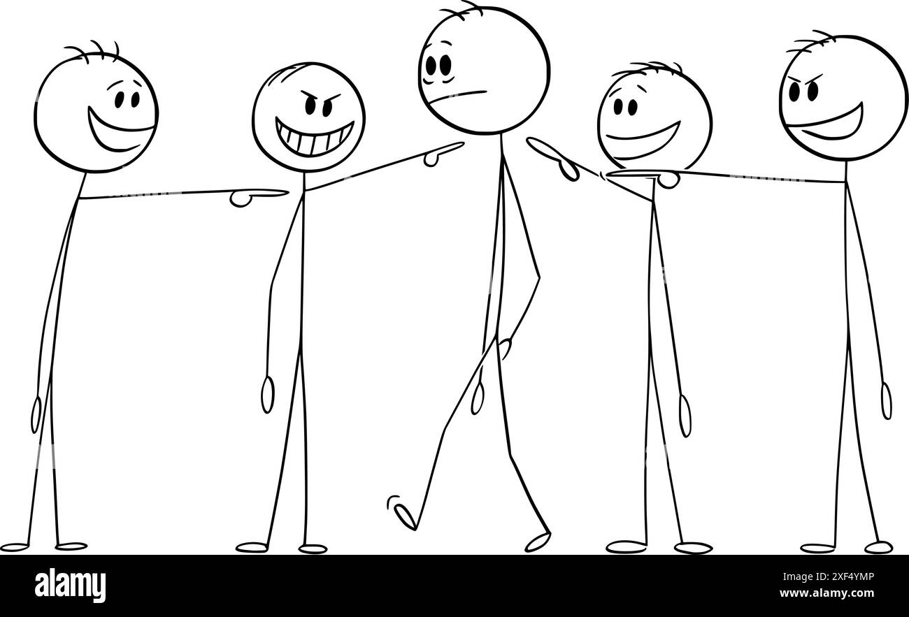 Il team o la folla prendono in giro e puntano un'altra persona, una figura vettoriale a bastone o un'illustrazione del personaggio. Illustrazione Vettoriale