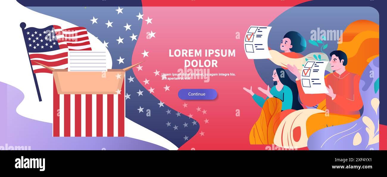 Scena di voto per le elezioni presidenziali DEGLI STATI UNITI con persone che fanno voto voto voto bandiera americana sfondo colorato stelle design moderno del sito web Illustrazione Vettoriale