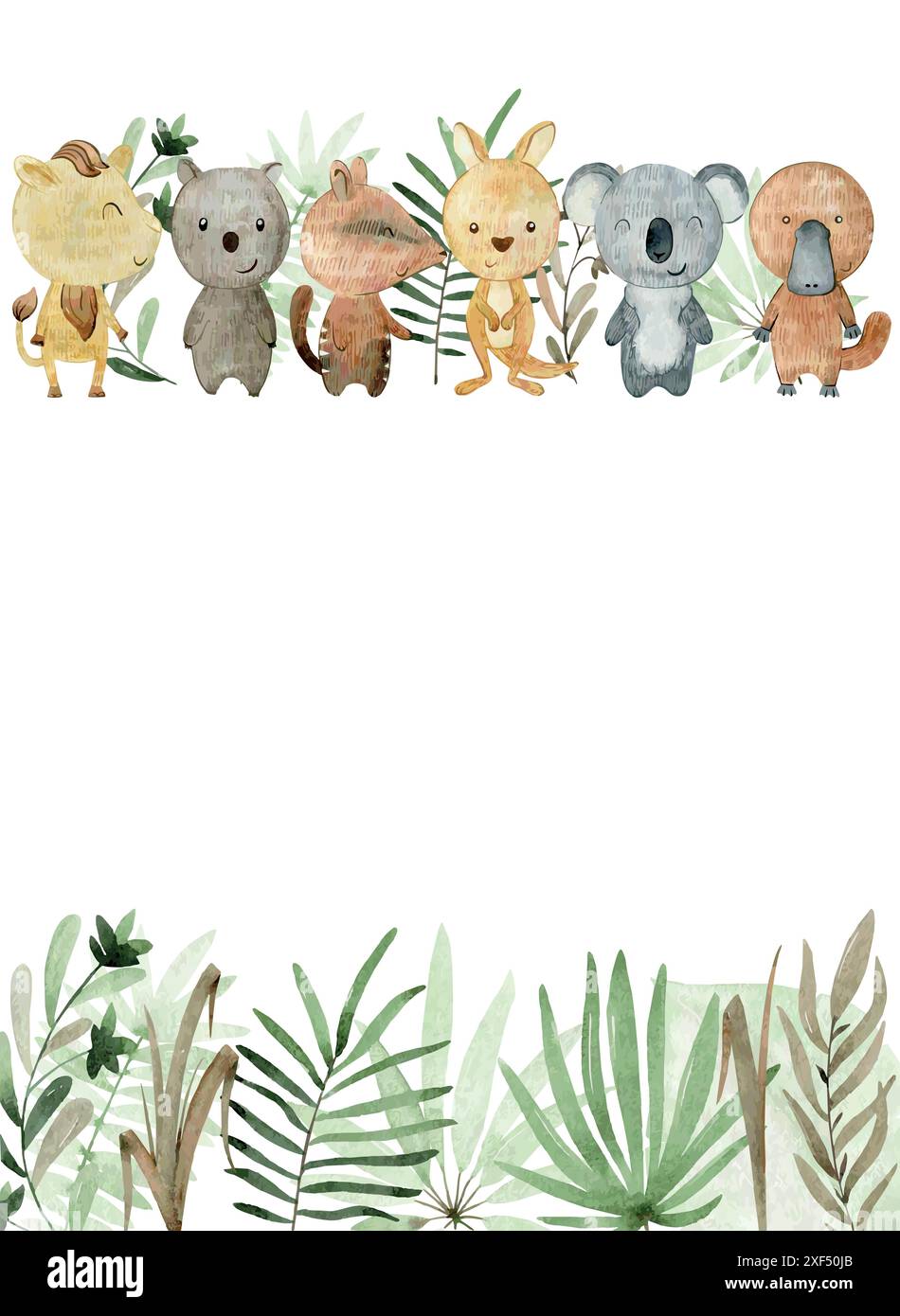 Scheda doccia per bambini. Cornice ad acquerello vettoriale con animali australiani. Illustrazione Vettoriale
