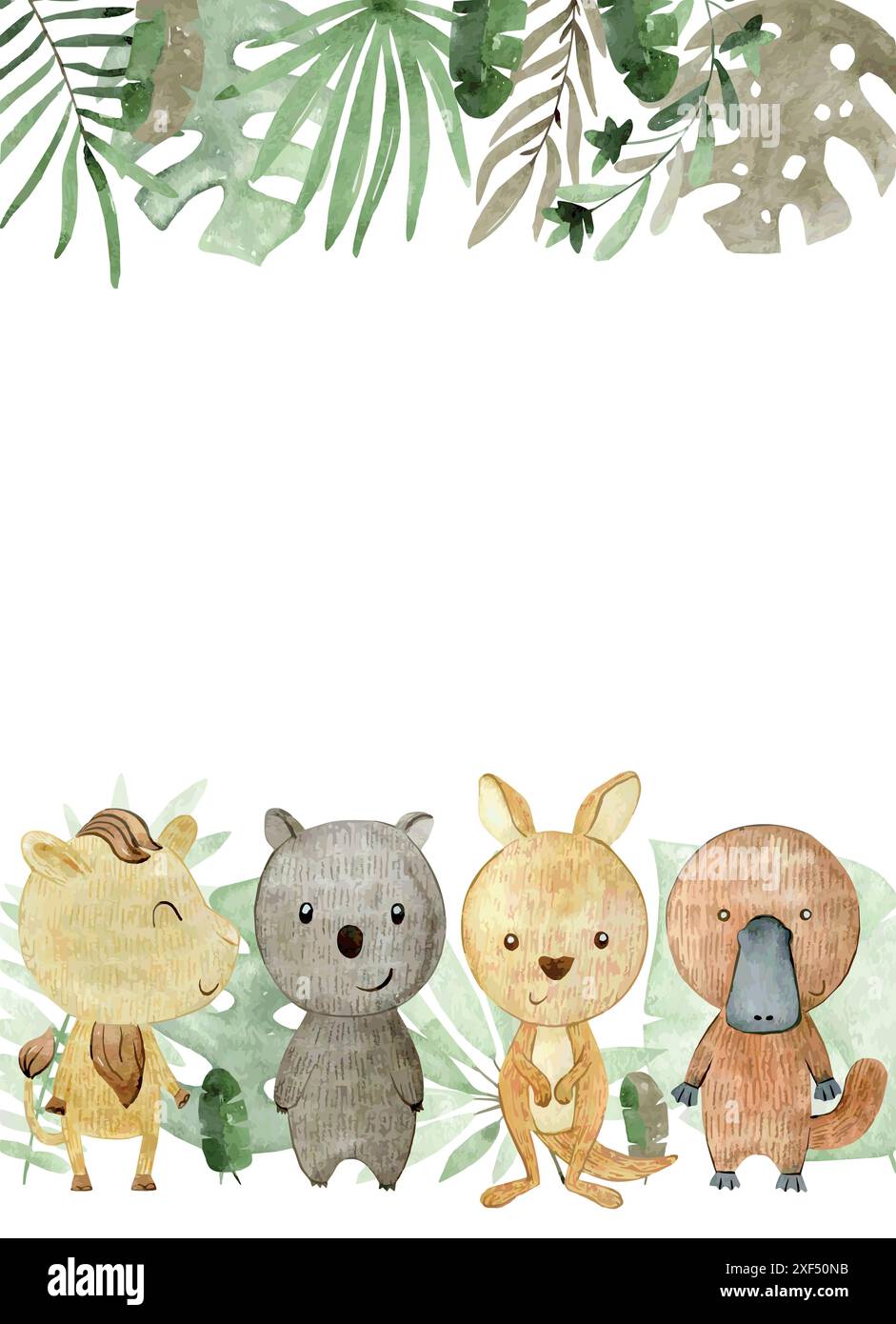 Scheda doccia per bambini. Cornice ad acquerello vettoriale con animali australiani. Illustrazione Vettoriale