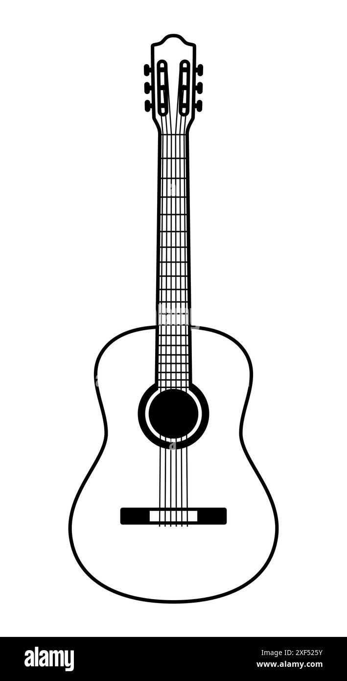 Forma della silhouette della chitarra acustica, illustrazione vettoriale in bianco e nero di uno strumento musicale a corde classico Illustrazione Vettoriale