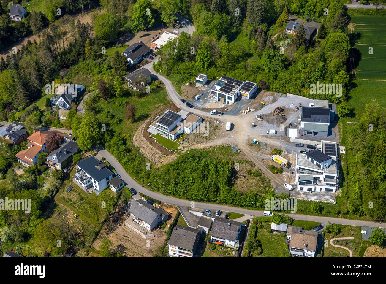 Vista aerea, cantiere con nuovi edifici residenziali Unterm Hasenfeld, zona residenziale di un'abitazione unifamiliare, Meschede-Stadt, Foto Stock