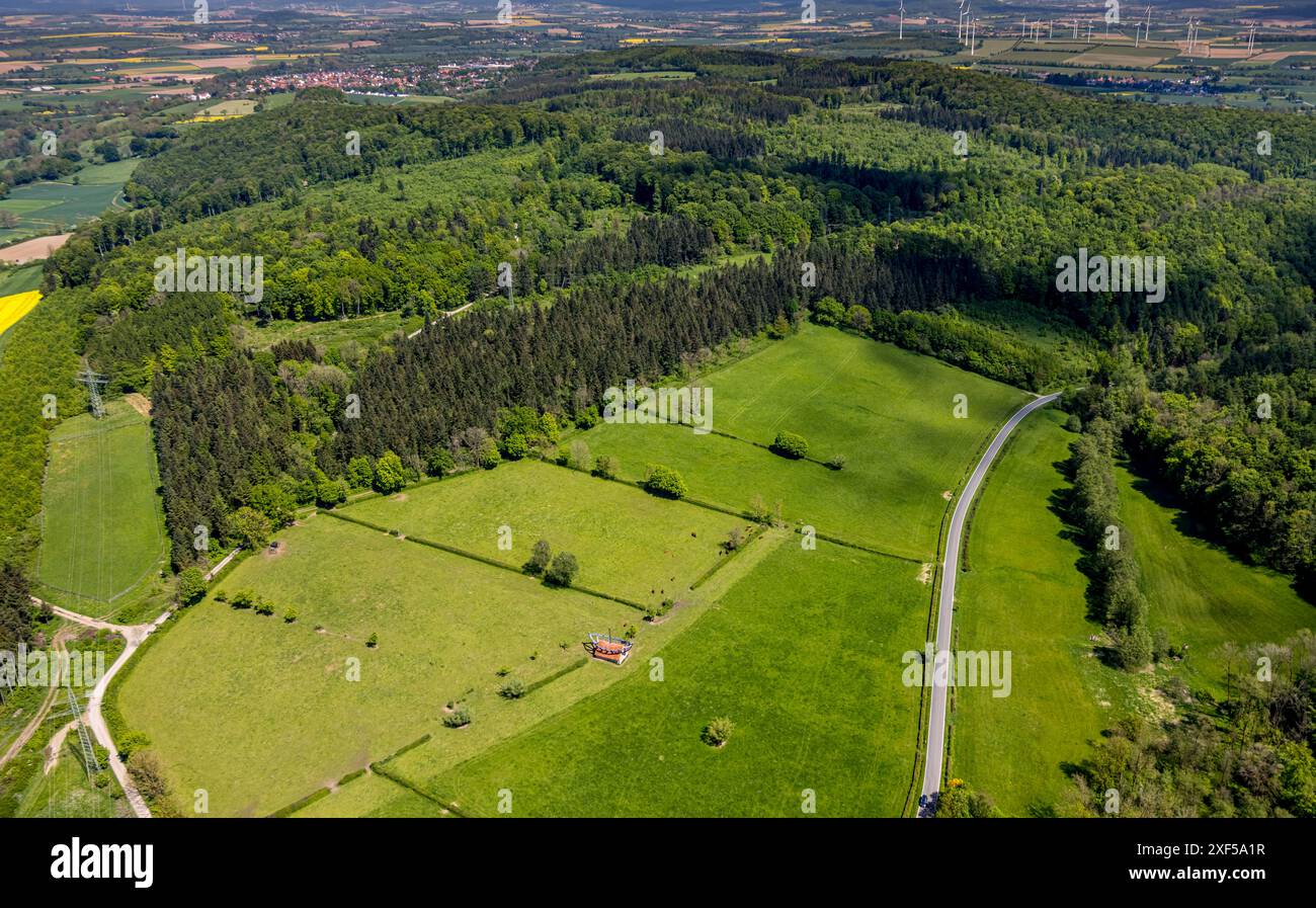 Vista aerea, casa coperta su un prato con barca e nella casa come opera d'arte dell'artista Ilan Averbuch, riserva naturale NSG di Hinnenburger Foto Stock