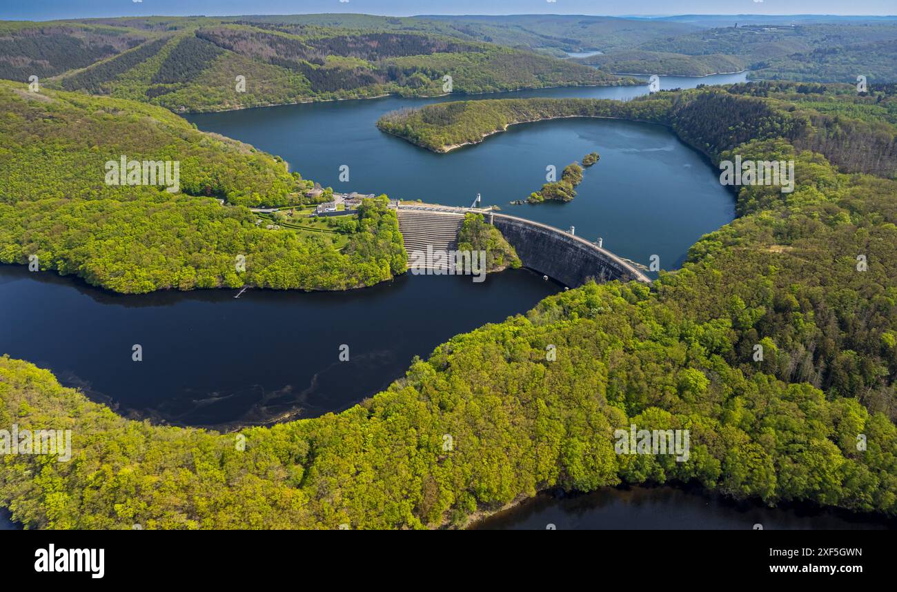 Veduta aerea, fiume Rur Urftsee, diga Urfttalsperre, vista distante delle colline e delle vallate della zona forestale North Eifel National Park Eifel, Morsbach, Schleiden, No Foto Stock