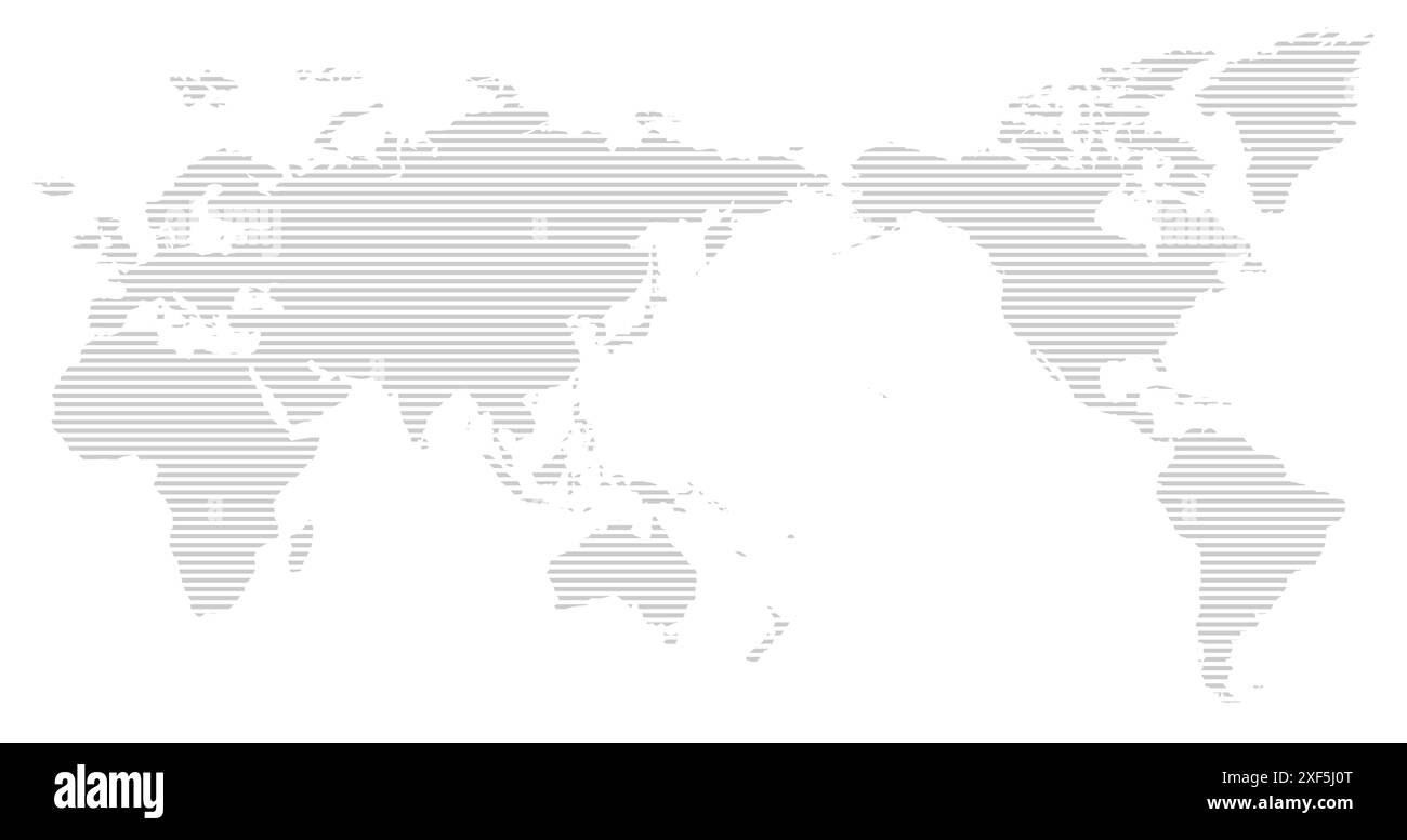 Mappa del mondo a righe grigie incentrata su Asia e Oceania su sfondo bianco. Illustrazione vettoriale Illustrazione Vettoriale