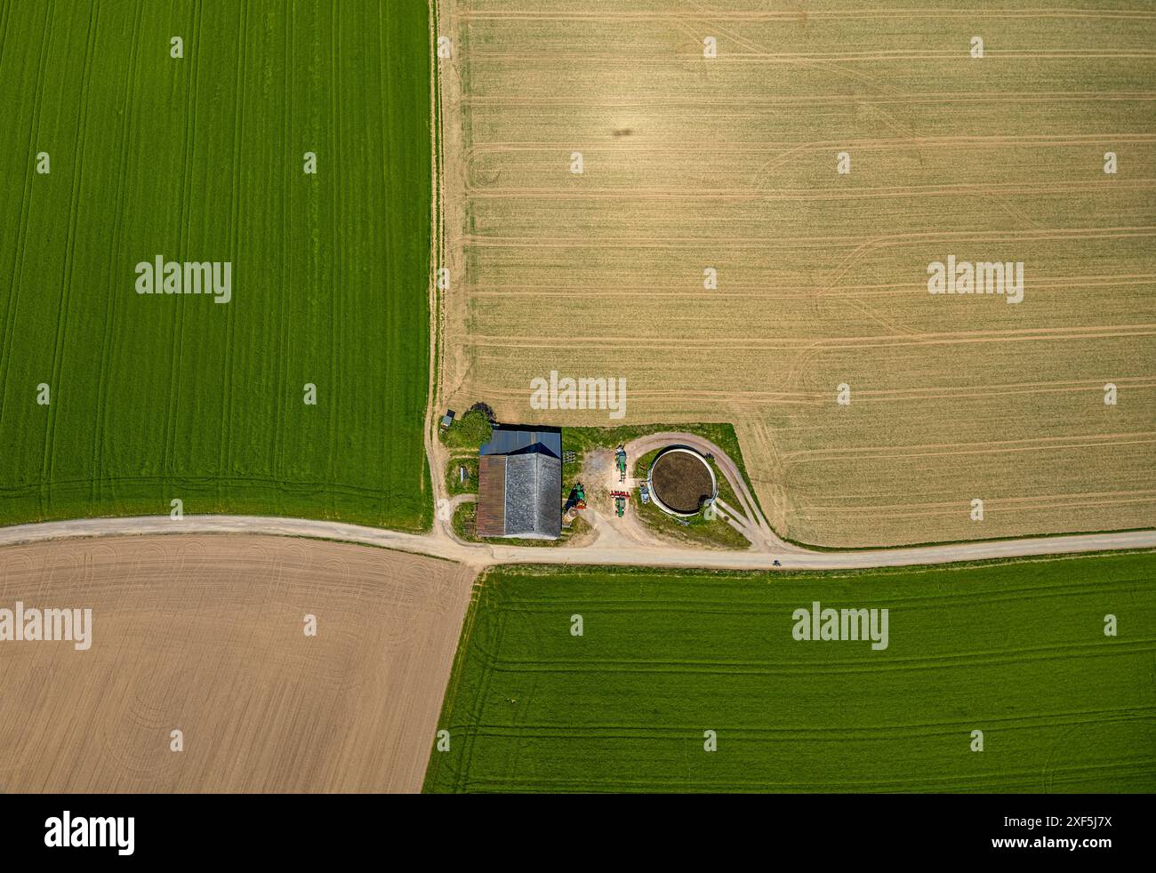 Vista aerea, prati e campi, strutture geometriche piastrellate, trattore e impianto agricolo Winkhausen, Schmallenberg, Sauerland, Renania settentrionale-Vestfale Foto Stock