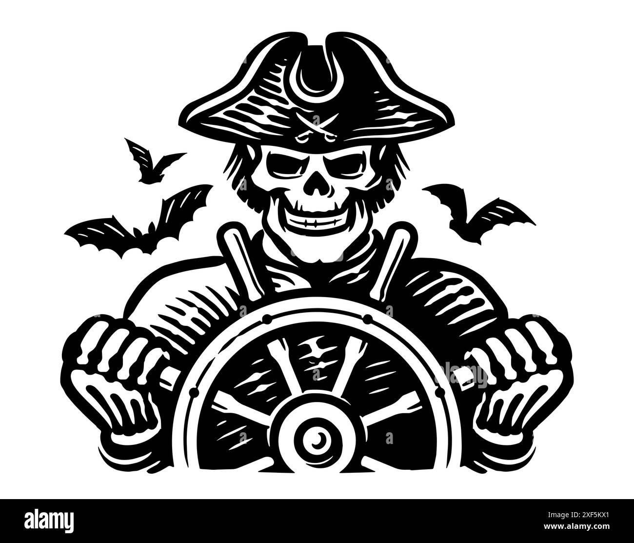 Capitano pirata che comanda la nave. Scheletro malvagio sull'emblema del volante. Illustrazione vettoriale di un rapinatore di mare Illustrazione Vettoriale