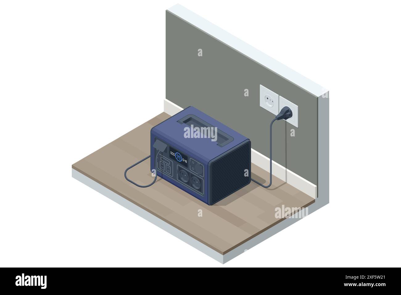 Batteria domestica portatile isolata progettata per il backup domestico. Soluzione di backup domestico. Batteria di alimentazione portatile da utilizzare per campeggio, pesca, caccia o Illustrazione Vettoriale