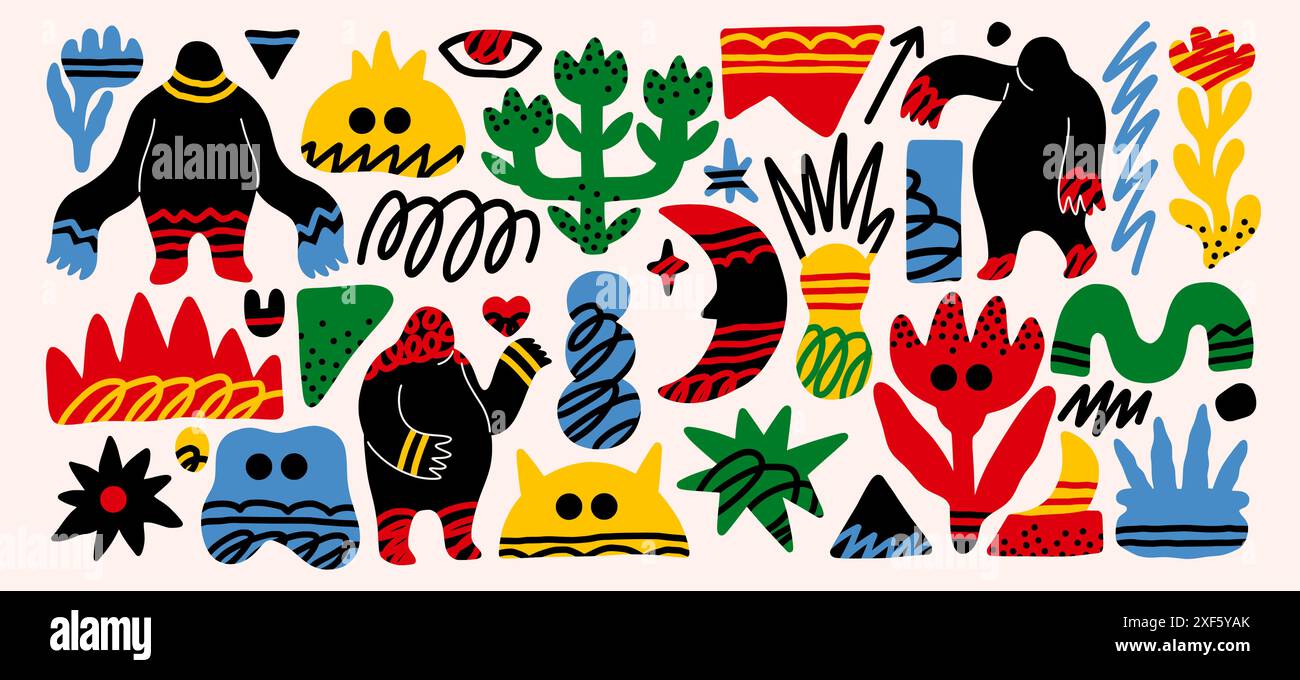 Scarabocchi astratti. Forme colorate a forma di doodle. Poster carino della moderna arte floreale. Affronta elementi divertenti in stile cubismo. Sagoma del corpo umano. Fiori semplici. Schizzo infantile. Set di figure piatte creative vettoriali Illustrazione Vettoriale