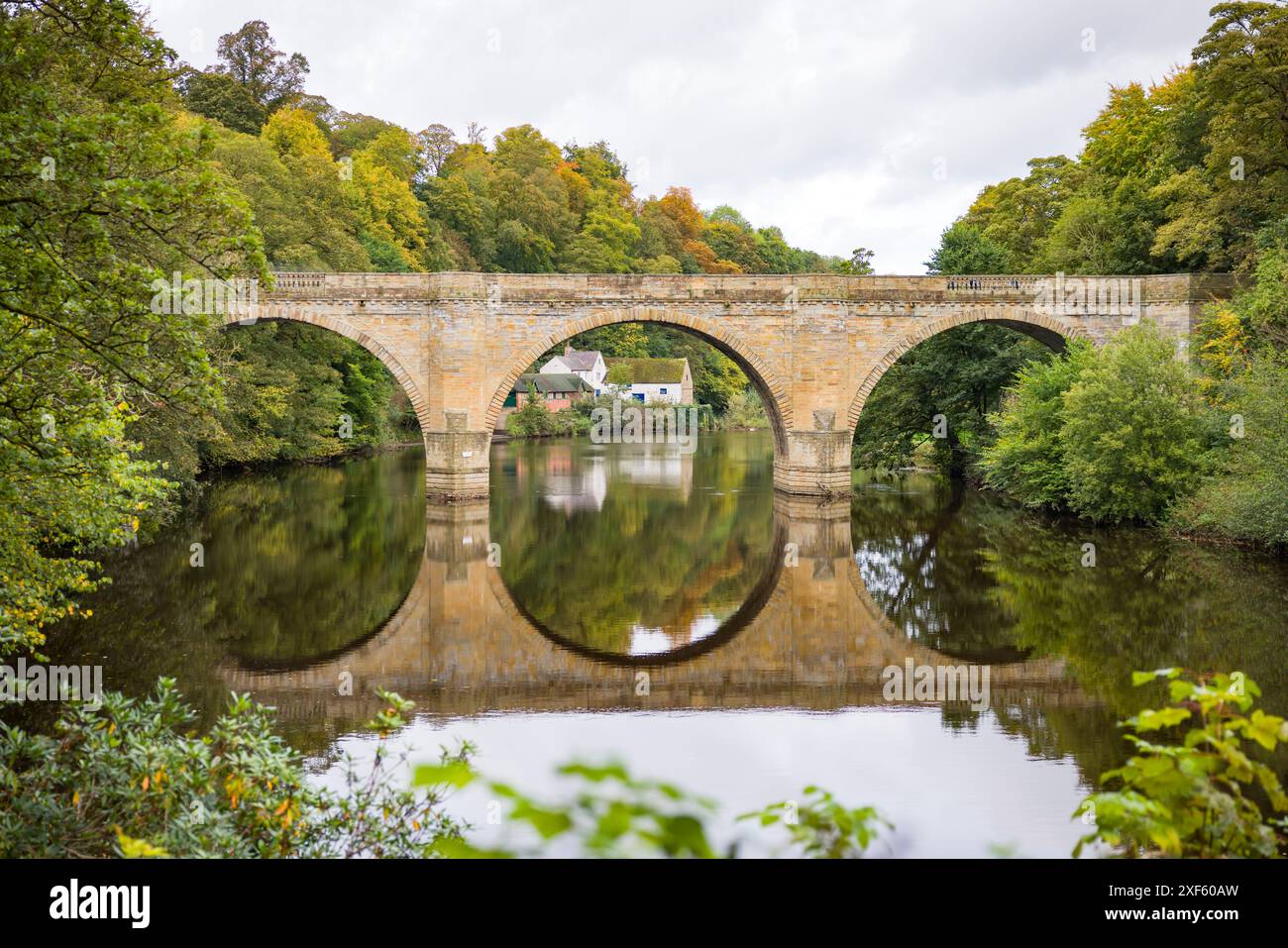 Prebends Bridge, un antico ponte ad arco di pietra sul fiume, nel centro di Durham, Inghilterra, Regno Unito Foto Stock