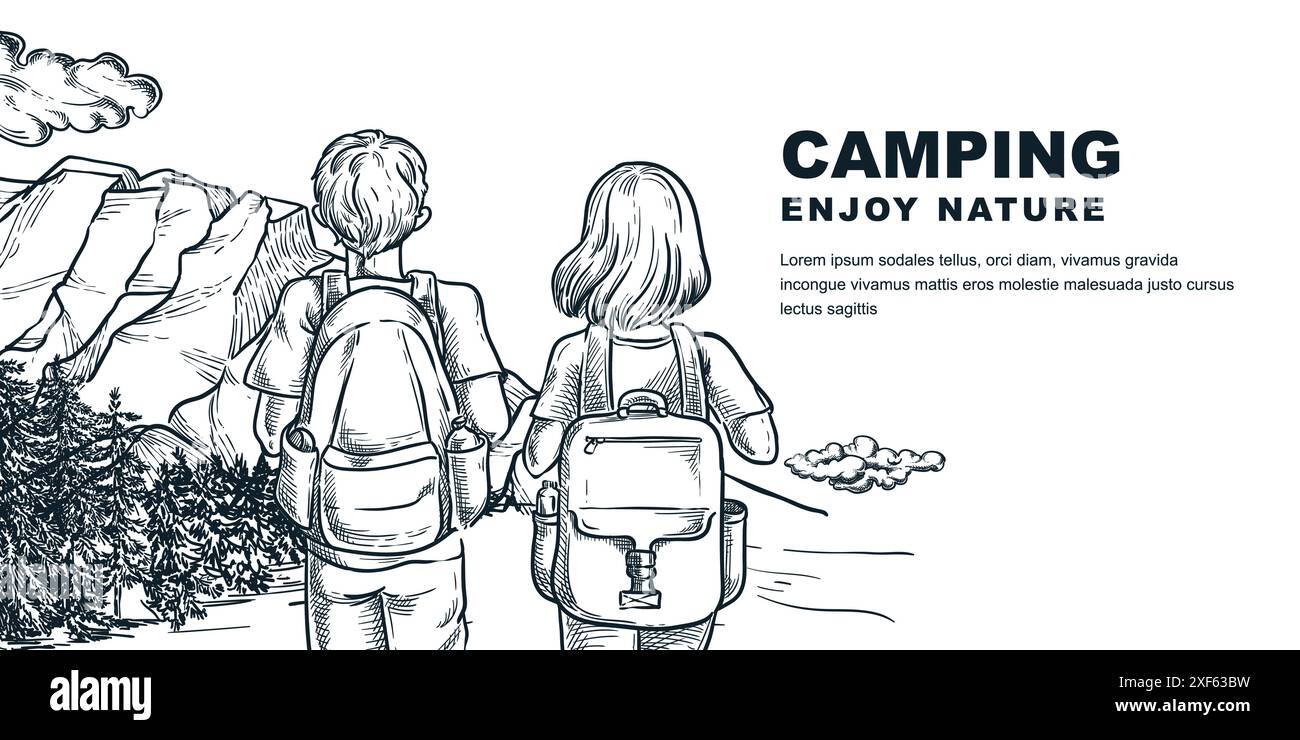 Coppia con zaini sullo sfondo delle montagne. Banner orizzontale per campi estivi all'aperto, modello di design per poster. Uomo e donna viaggiano avventure vettoriali h Illustrazione Vettoriale