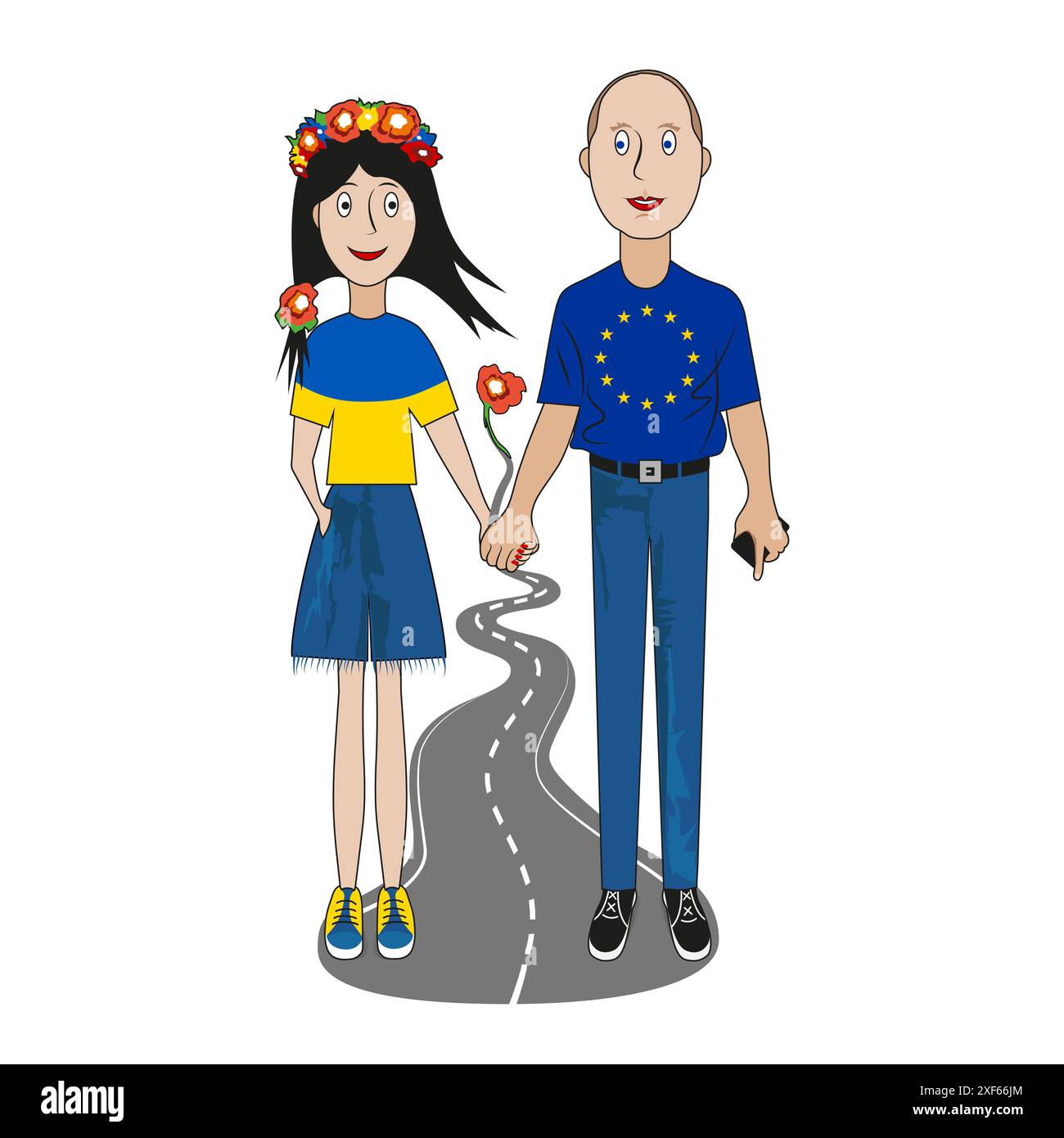 Un uomo e una donna vestiti con la bandiera dell'Ucraina e la bandiera dell'Unione europea si tengono per mano. Illustrazione Vettoriale