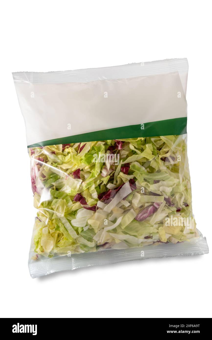 Insalata di lattuga e cicoria tagliata e lavata pronta da mangiare in sacchetto di plastica per la vendita al supermercato, isolata su bianco con percorso di ritaglio incluso Foto Stock