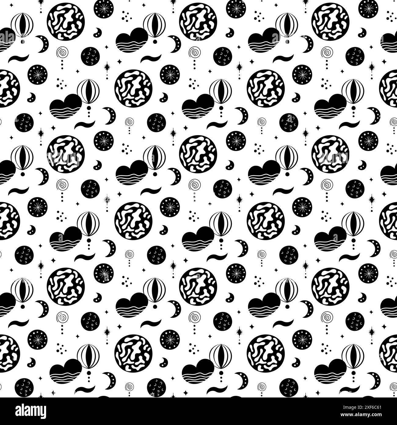 Motivi neo-folk senza cuciture con luna, nuvola, sole e stelle, design celeste bianco e nero. Crea sfondi infiniti in stile neo folk perfetti per Illustrazione Vettoriale