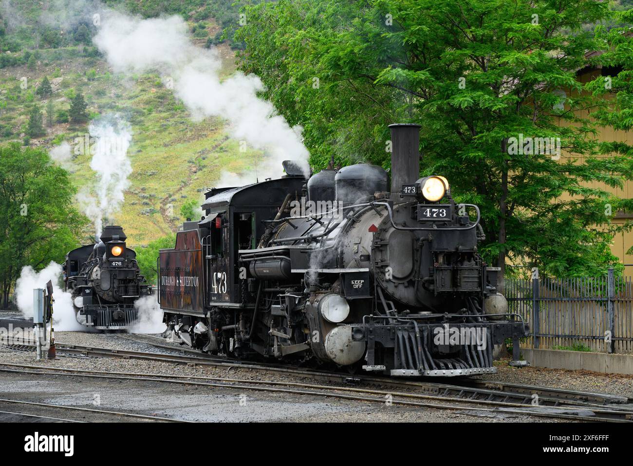 Durango, CO, USA - 14 giugno 2024; motori Durango e Silverton Narrow Gauge Railroad in vapore Foto Stock