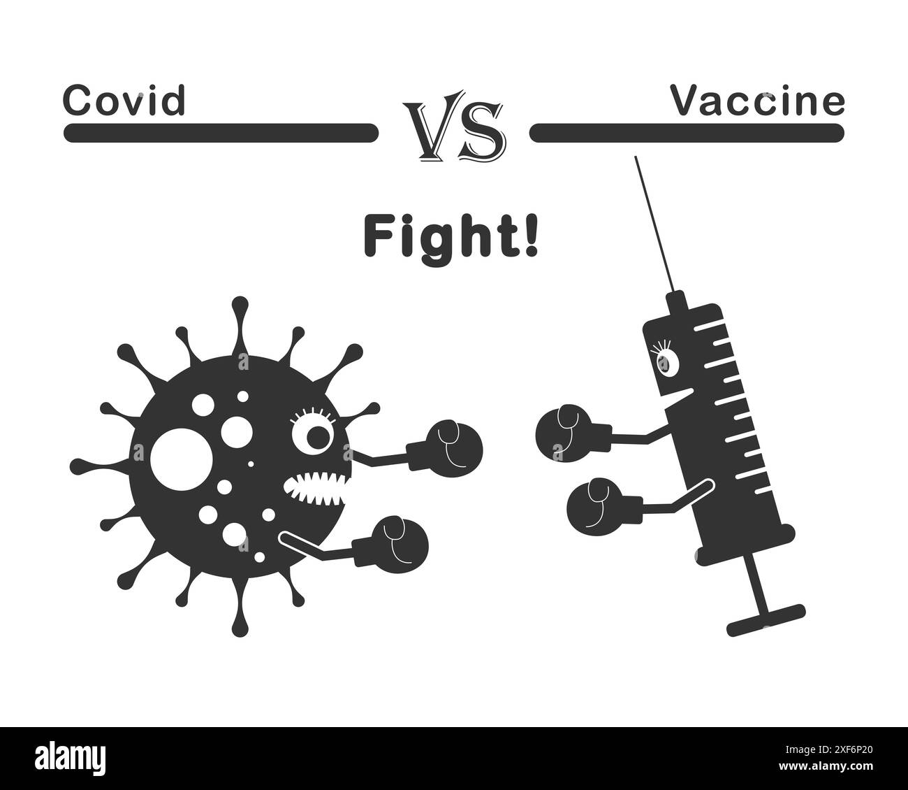 Coronavirus boxing contro la siringa del vaccino. Illustrazione piatta vettoriale. Illustrazione Vettoriale