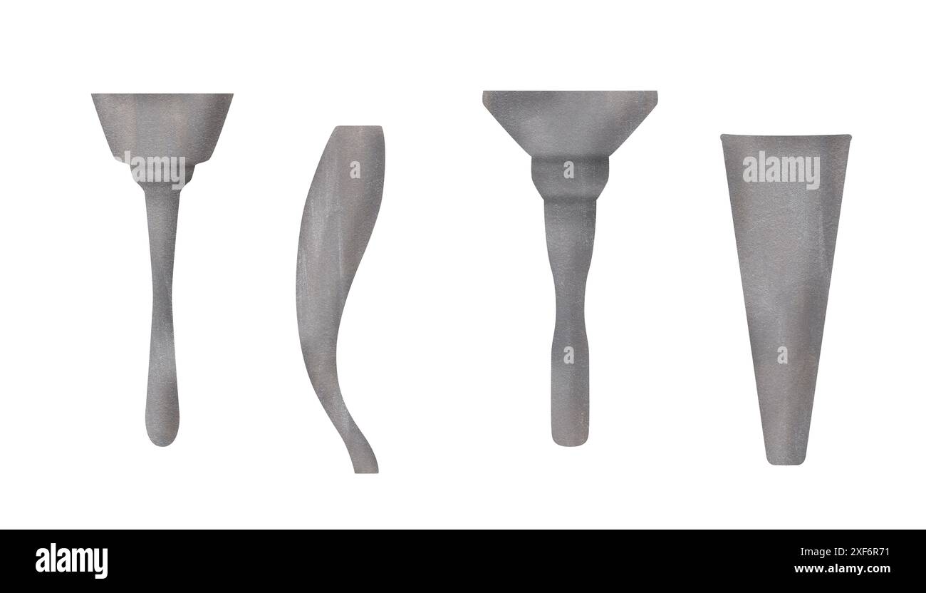 Torcia d'argento senza fuoco. Set di varie torce metalliche o calici. Antichi strumenti di pietra. Reperti archeologici primitivi preistorici. W Foto Stock