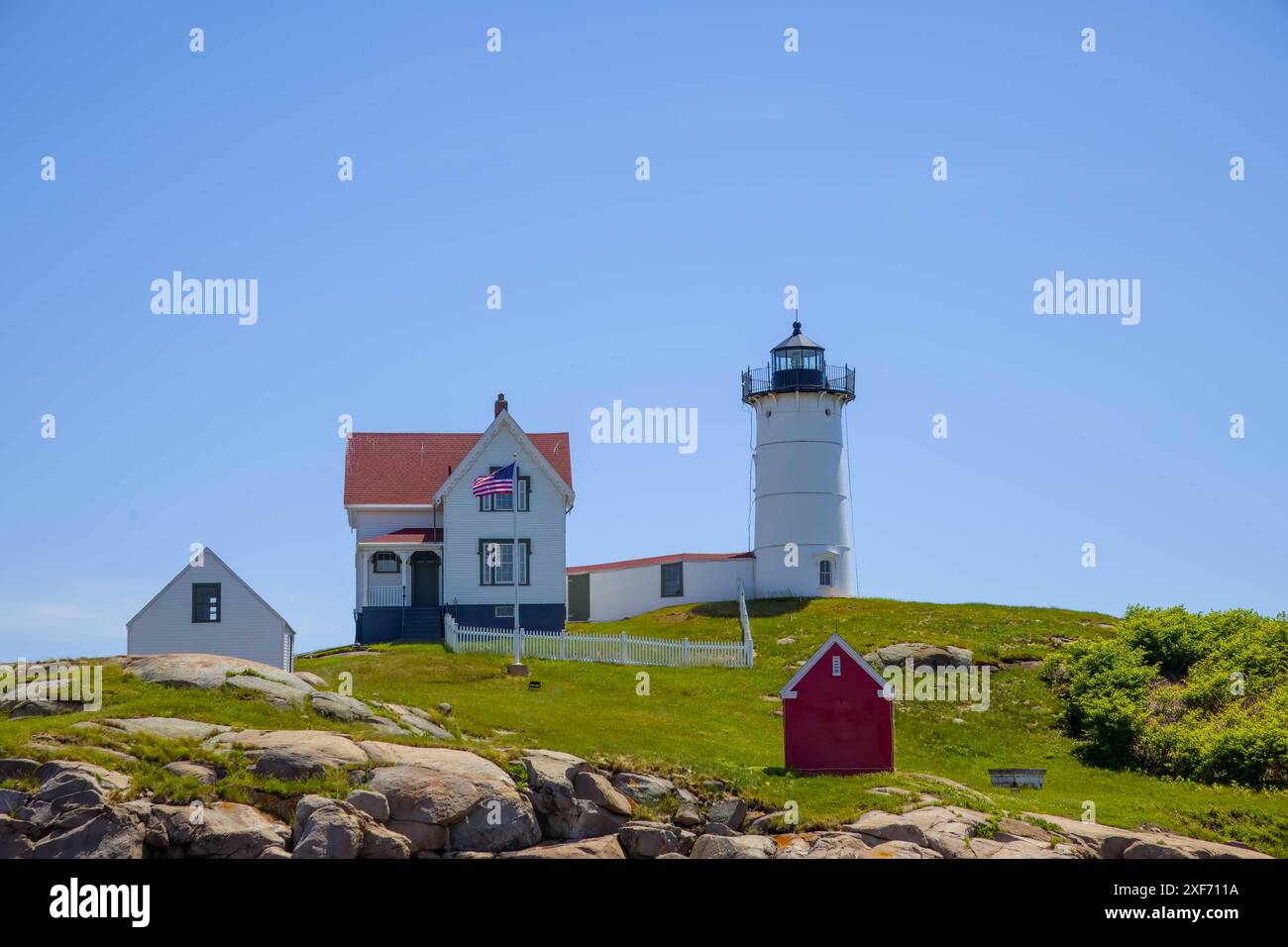 Esterno della storica Cape Neddick, o Nubble, Light a Cape Neddick, York, Maine. Foto Stock