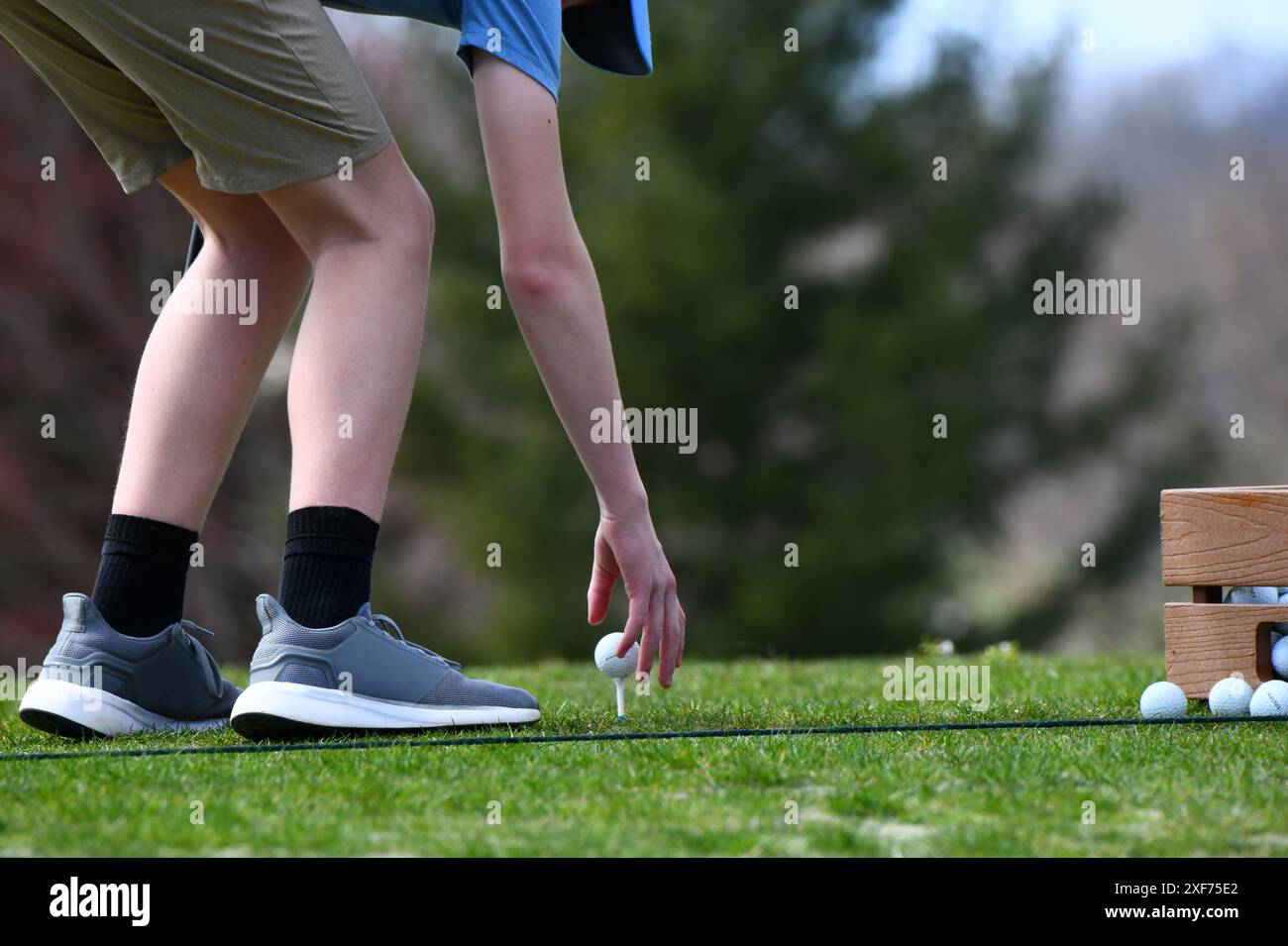 Una giovane adolescente si appoggia e mette la palla da golf sul tee. È in un campo da golf a fare pratica. Ha calzini neri e scarpe grigie. Foto Stock