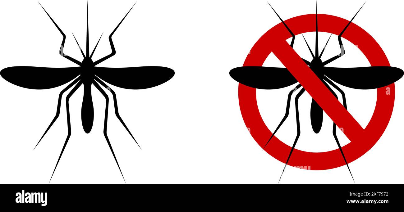 Icona zanzara e cartello anti-gnat proibito per repellente spray per insetti isolato su sfondo bianco. Pittogrammi di avvertenza. Adesivo Stop malaria. Illustrazione piatta vettoriale. Illustrazione Vettoriale