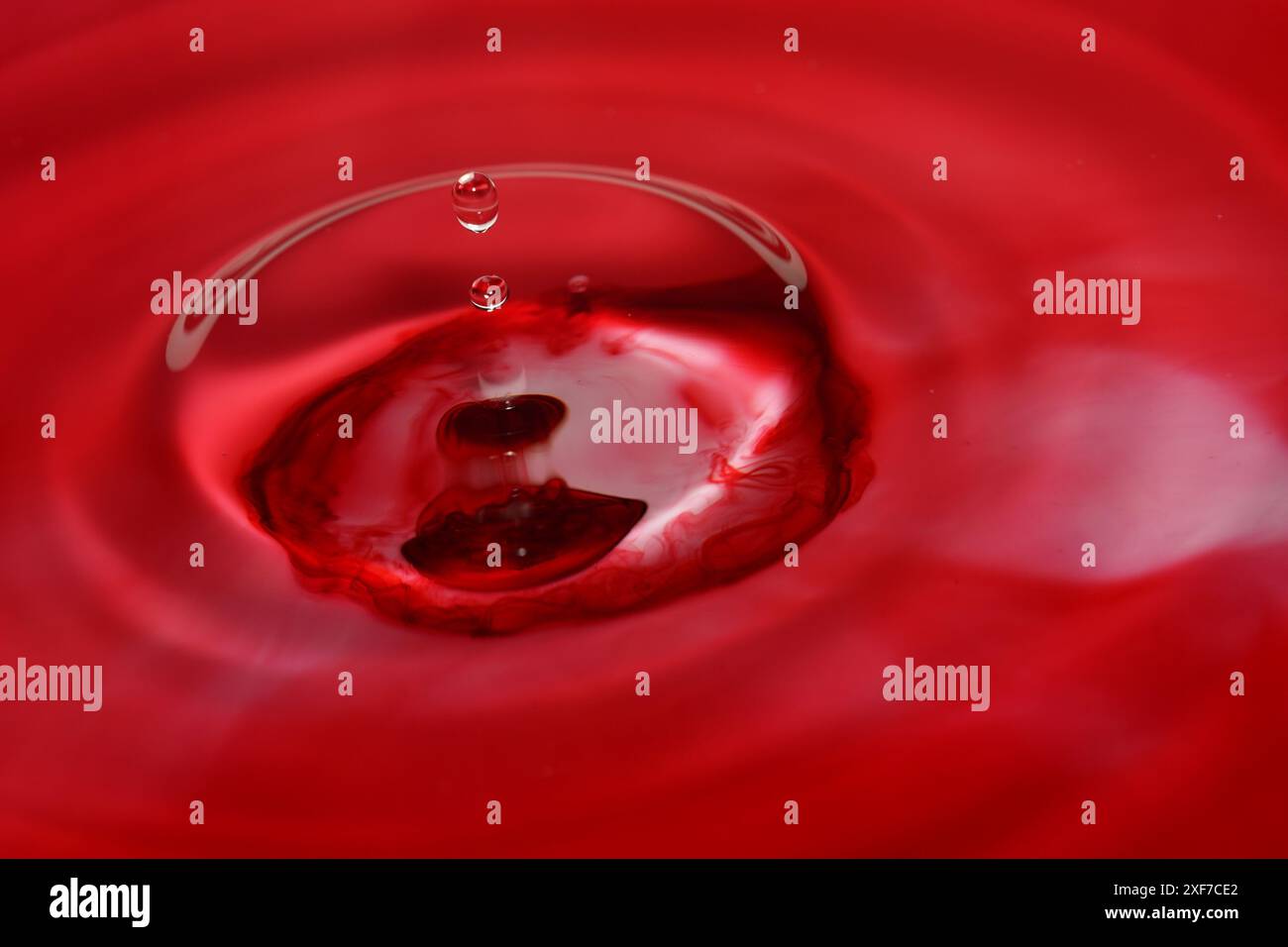 Un'immagine di una goccia d'acqua in azione creata da una goccia di colorante rosso Foto Stock