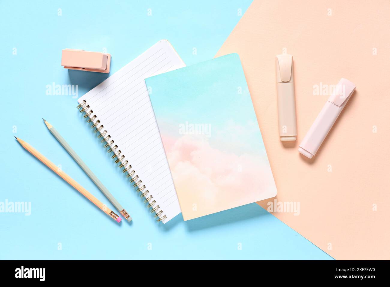 Notebook, matite, penne in feltro e cucitrice su sfondo a colori Foto Stock