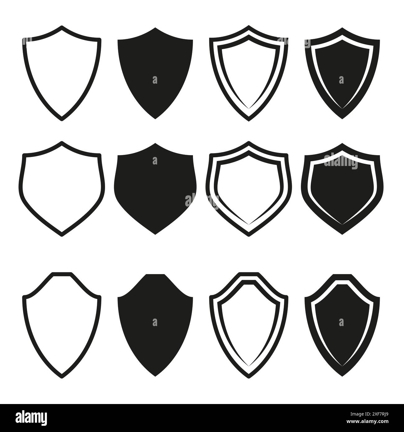 Vettore icone Shield. Bianco e nero. Vari progetti di contorno. Semplici simboli di protezione. Illustrazione Vettoriale