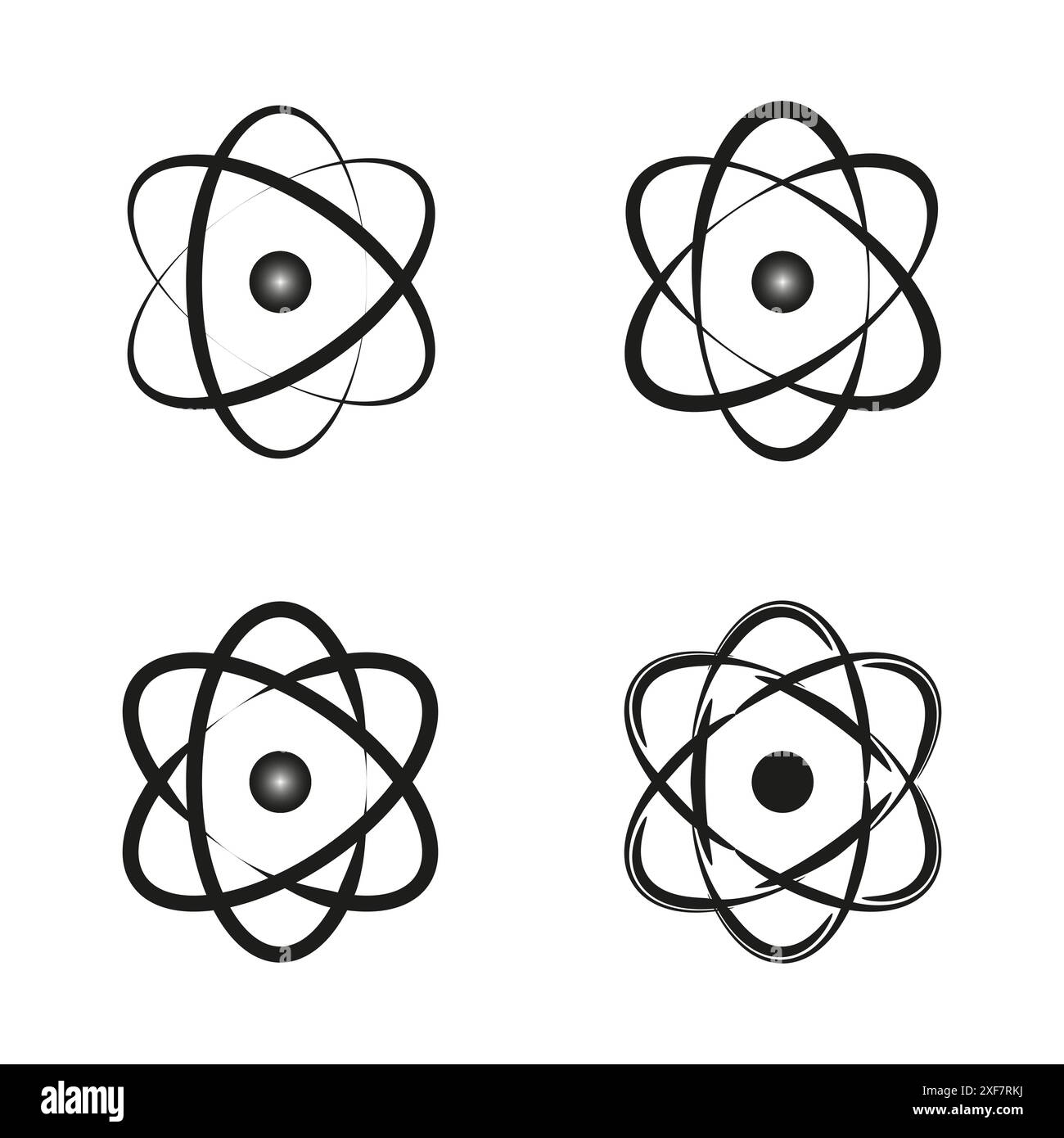 Set di icone Atom. Design vettoriale nero. Collezione di illustrazioni scientifiche. Semplici simboli di nucleo. Illustrazione Vettoriale