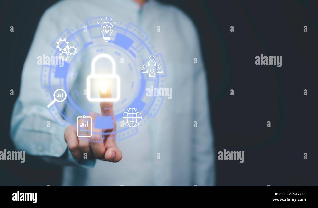 informazioni sui documenti di sicurezza cartella dei file di accesso aziendale, gestione tecnologia di sicurezza informatica, sicurezza digitale concetto database aziendale professiona Foto Stock