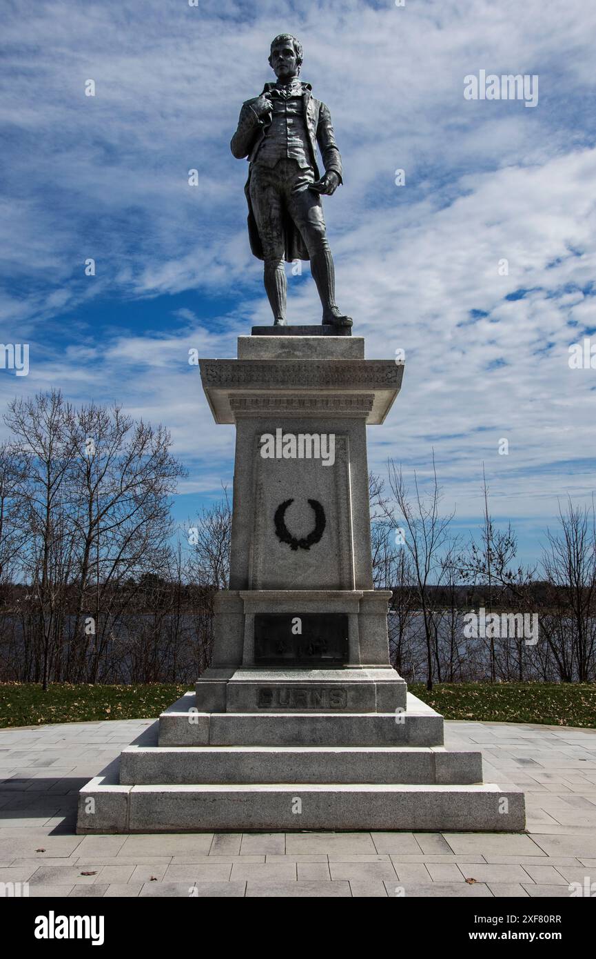 Statua di Robbie Burns sul lungofiume sud nel centro di Fredericton, New Brunswick, Canada Foto Stock