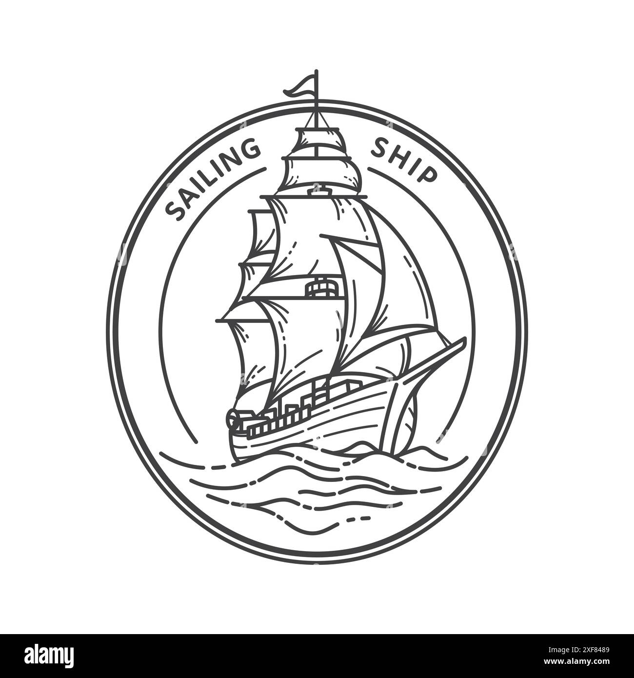 Logo della nave a vela con contorno bianco e nero isolato su sfondo bianco Illustrazione Vettoriale