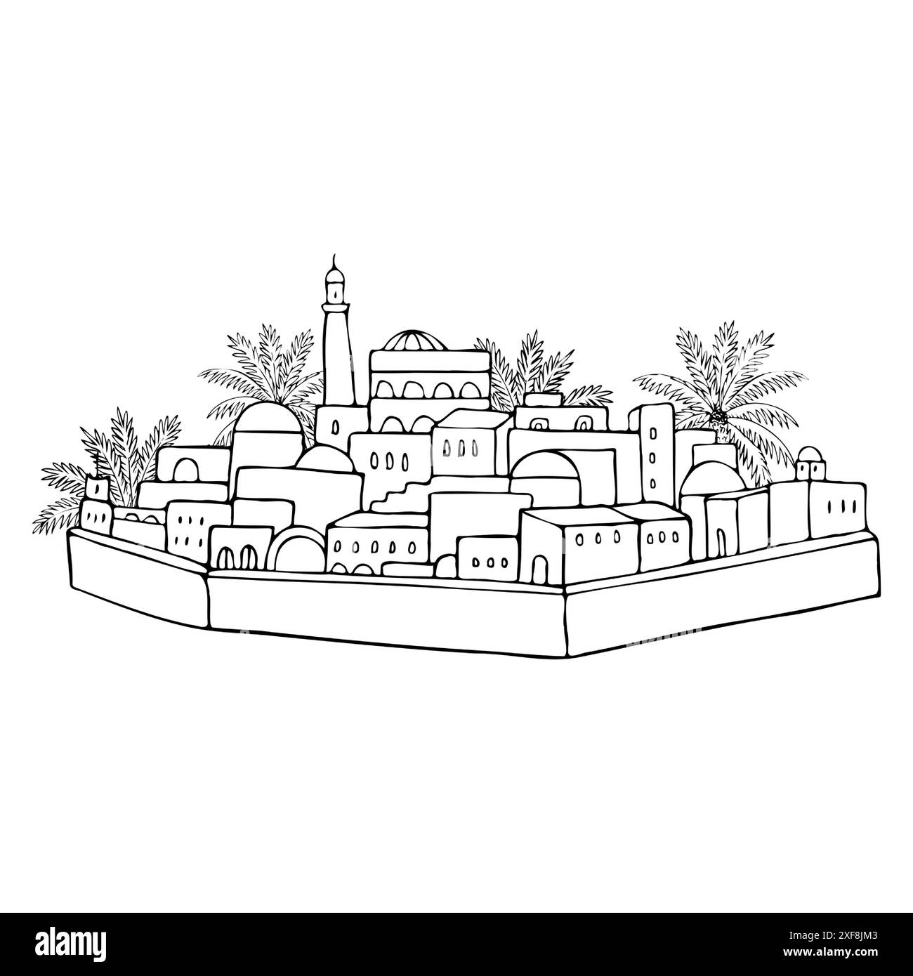 Antica oasi di palme del Medio Oriente nel deserto Illustrazione Vettoriale