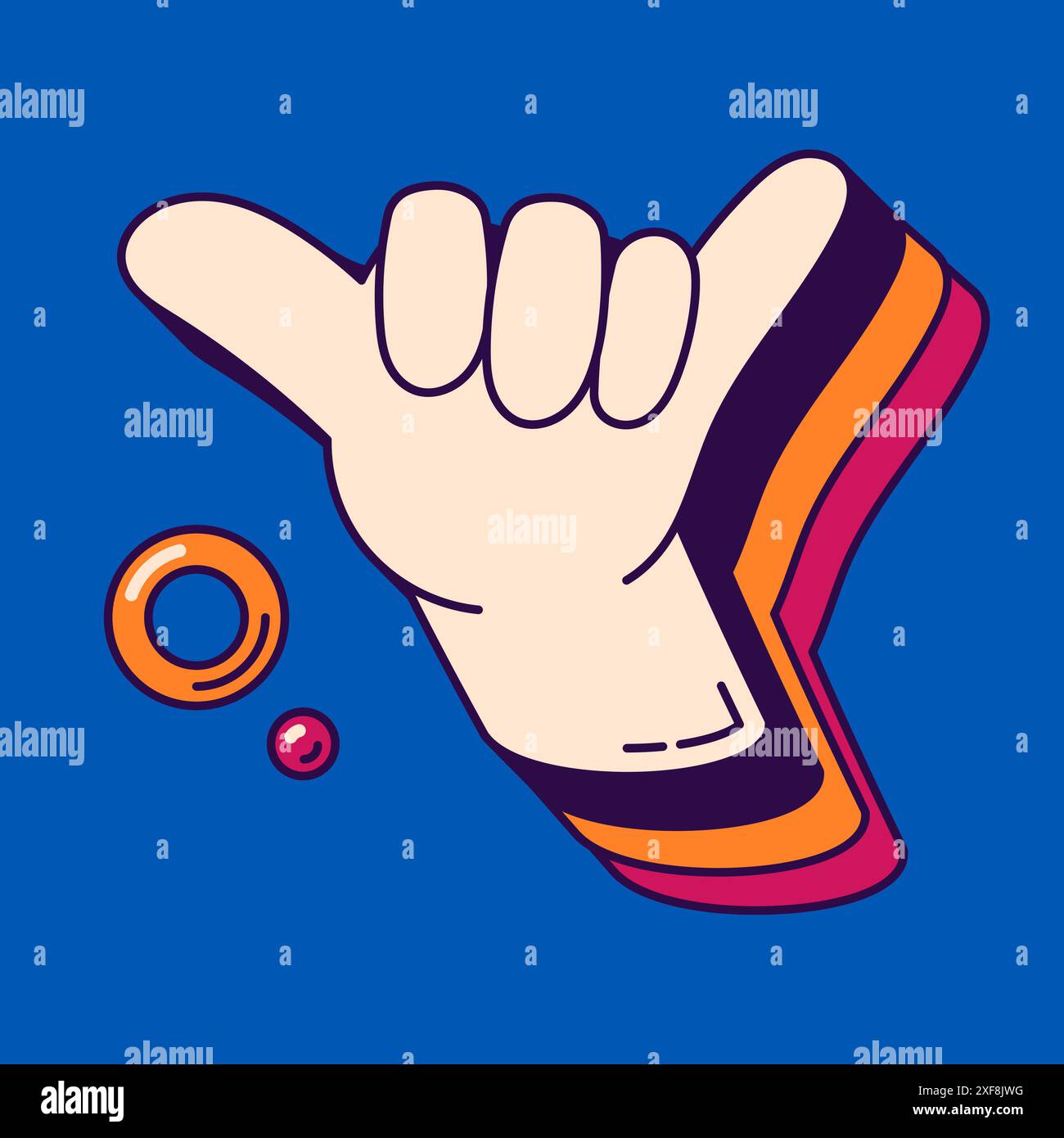 Shaka jumbo surreale con gesti floreali su sfondo blu. Illustrazione Vettoriale