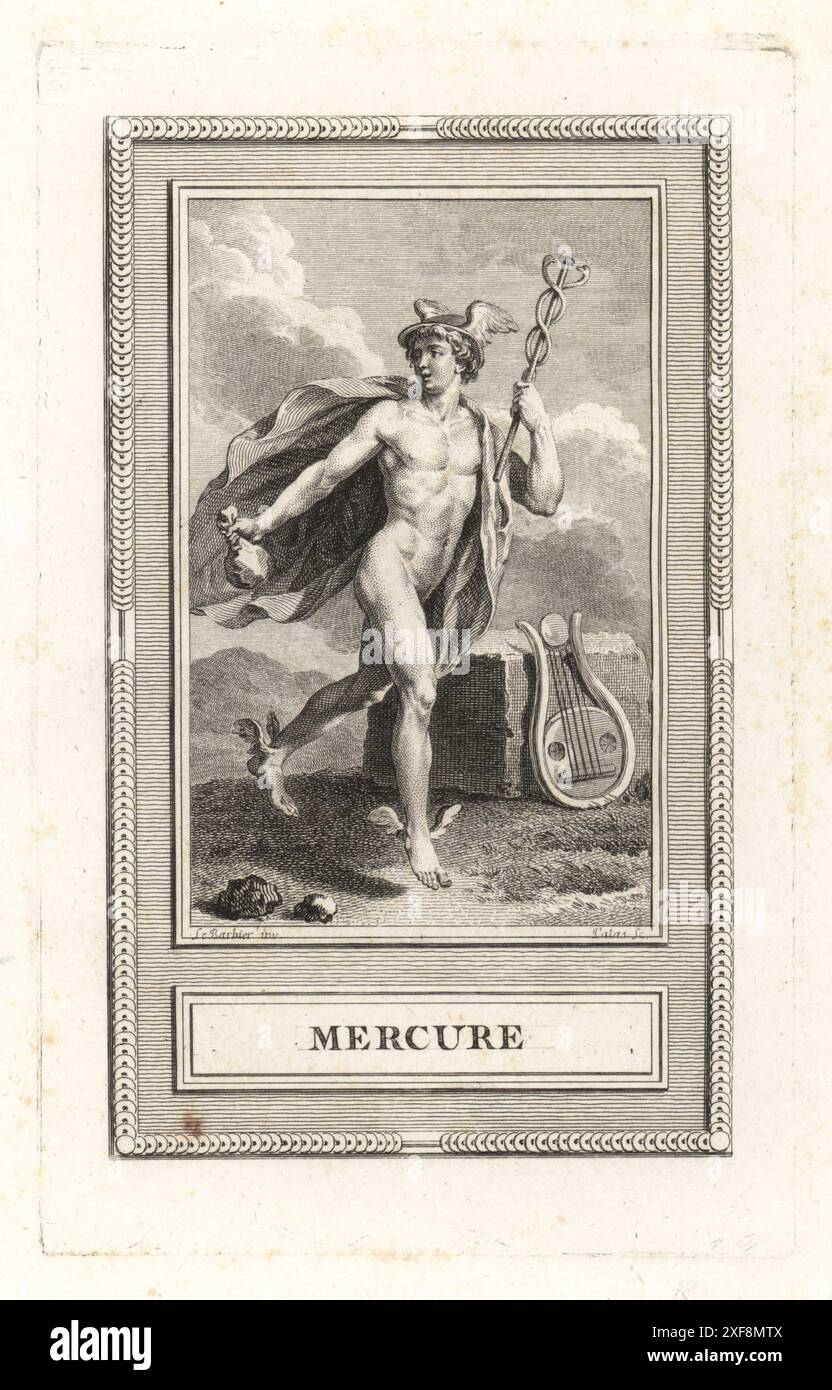 Mercurio, dio romano del commercio, della comunicazione, ecc.. In sandali alati e cappello, tenendo un caduceo, con una lira dietro di lui. Hermes nel mito greco. Mercure. Incisione in rame di Jean-Baptiste Patas su disegno di Jean-Jacques-Francois le Barbier da le Pantheon di Sylvain Marechal, ou les figures de la Fable, Chez Simon, 16 rue Pagevin, Parigi, 1787. Foto Stock