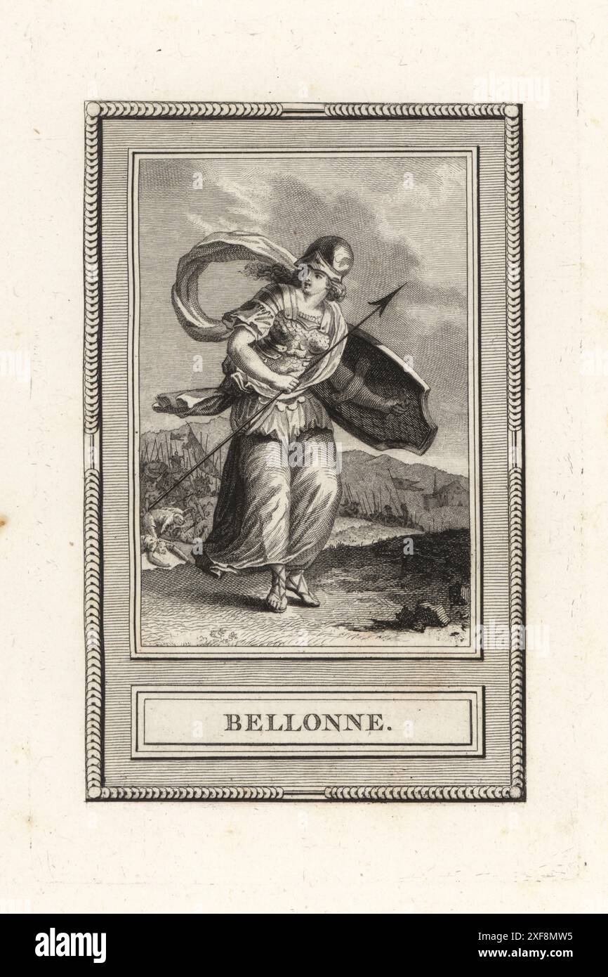 Bellona, dea romana della guerra. Donna che indossa un casco militare, un piatto del seno e un velo, armato di lancia e scudo. Una battaglia infuria dietro di lei. Bellonne. Incisione su lastra di rame di Simon su disegno di Etienne-Pierre-Adrien Gois, scultore del re, da le Pantheon di Sylvain Marechal, ou les figures de la Fable, Chez Simon, 16 rue Pagevin, Parigi, 1787. Foto Stock