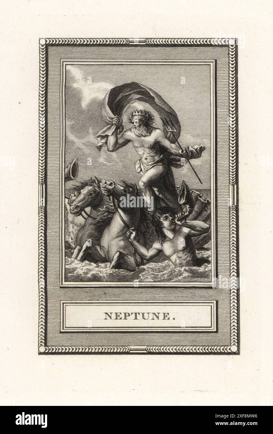 Nettuno, dio romano dell'acqua dolce e del mare. il dio del mare porta un tridente e un velo, cavalca un carro di capesante trainato da cavallucci marini o ippocampi. Un tritone soffia un guscio di conchiglia. Poseidone nel mito greco. Incisione su lastra di rame di Simon su disegno di Etienne-Pierre-Adrien Gois, scultore del re, da le Pantheon di Sylvain Marechal, ou les figures de la Fable, Chez Simon, 16 rue Pagevin, Parigi, 1787. Foto Stock