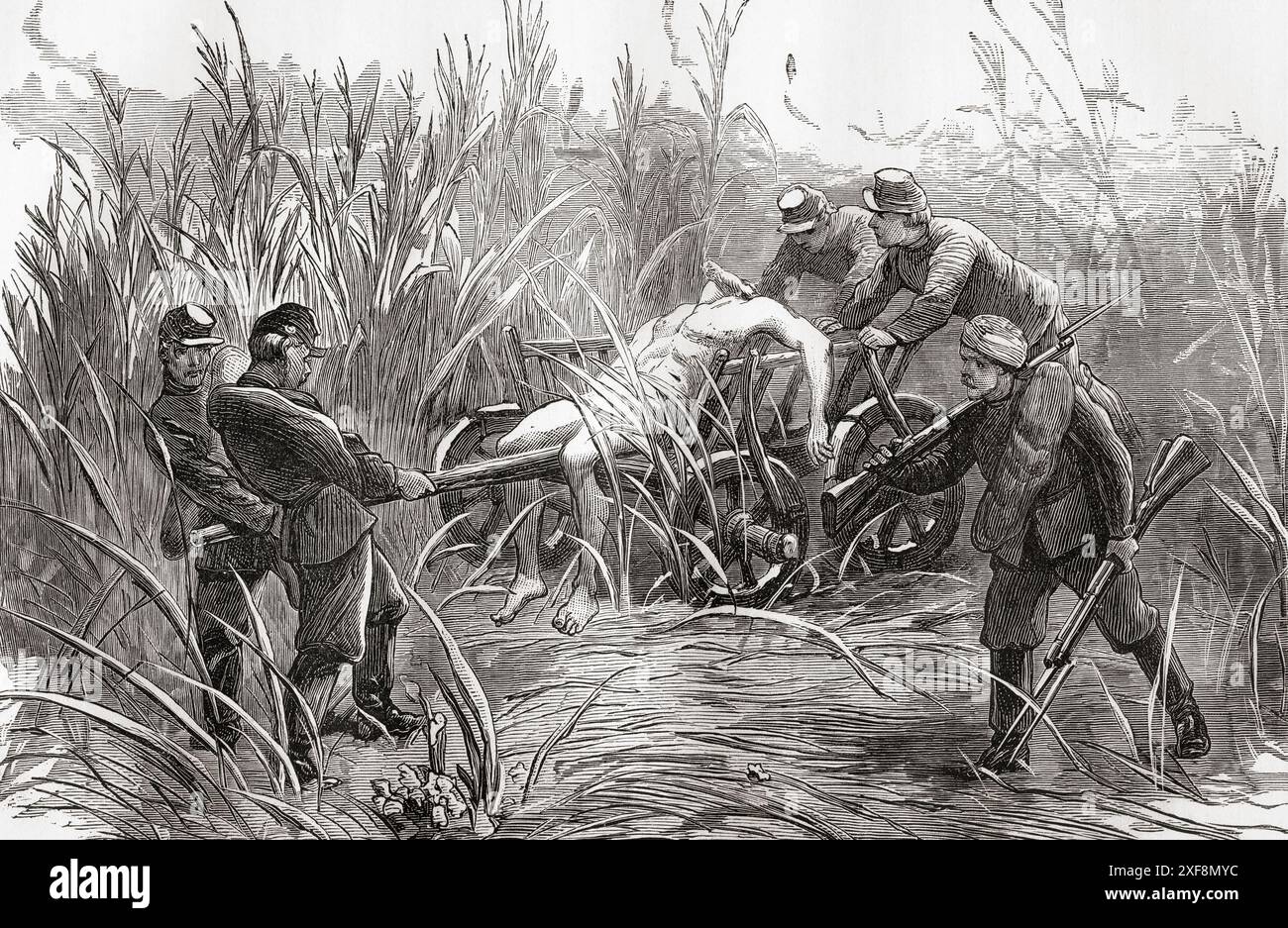Un soldato russo ferito trasportato al sicuro dai suoi compagni durante la guerra russo-turca (1877-1878). Da Russes et Turcs: La Guerre D'Orient, pubblicato nel 1878. Foto Stock
