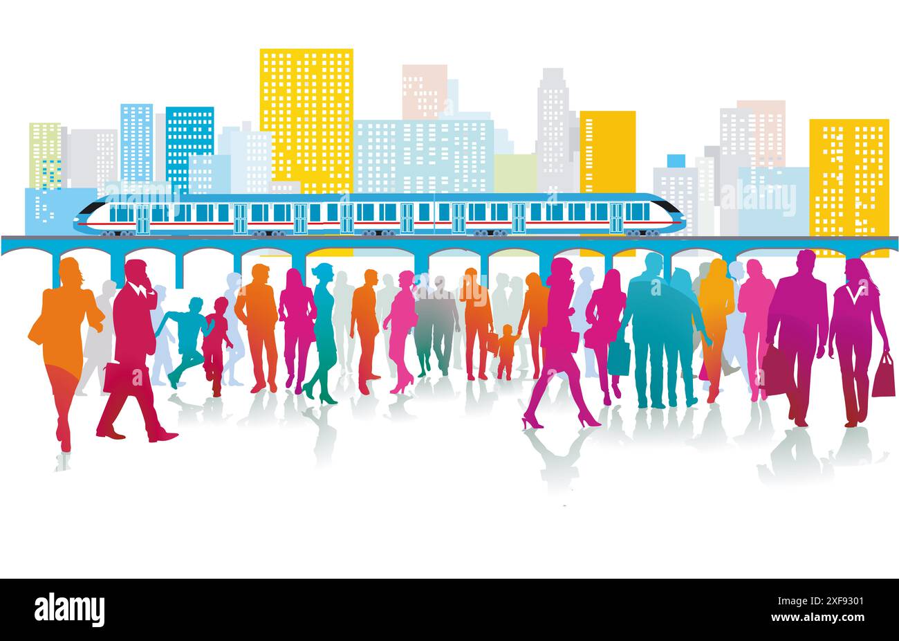 Sagoma di una città con traffico e persone, illustrazione Foto Stock