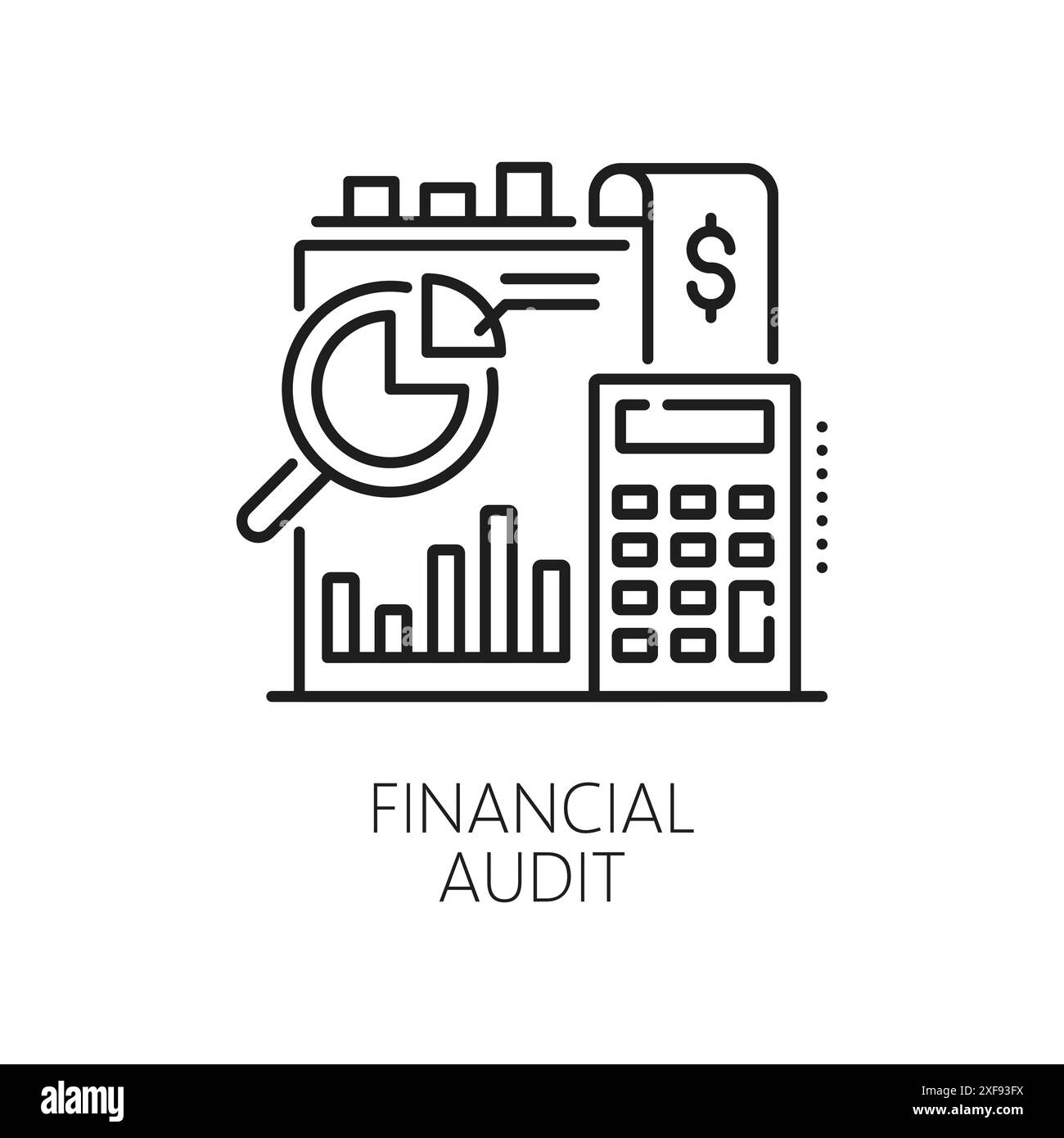 Icona di audit finanziario per l'analisi finanziaria delle entrate fiscali e del budget, vettore di linea. Icona della revisione finanziaria per le attività bancarie o la contabilità aziendale nelle operazioni di reddito e nella trasparenza fiscale Illustrazione Vettoriale