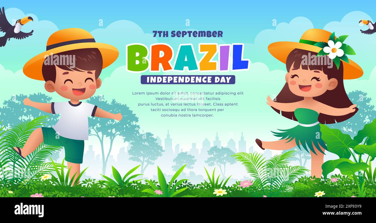 Cartoon Brasile Independence Day Banner, 7 settembre celebrazione bambini con volo tucano uccelli e piante tropicali traduzione: Ordine e progresso Illustrazione Vettoriale